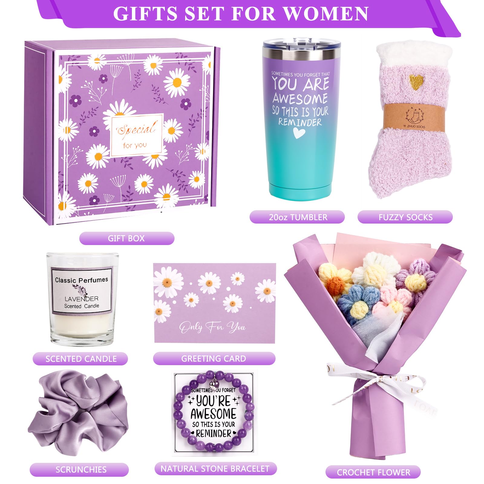 Gift Baskets for Women,Gifts for Women, Mom, Wife, Girlfriend, Sister, Her - Happy Birthday, Christmas, Valentine's Day, Mothers Day Gifts - Spa Gift Basket Set (Purple)