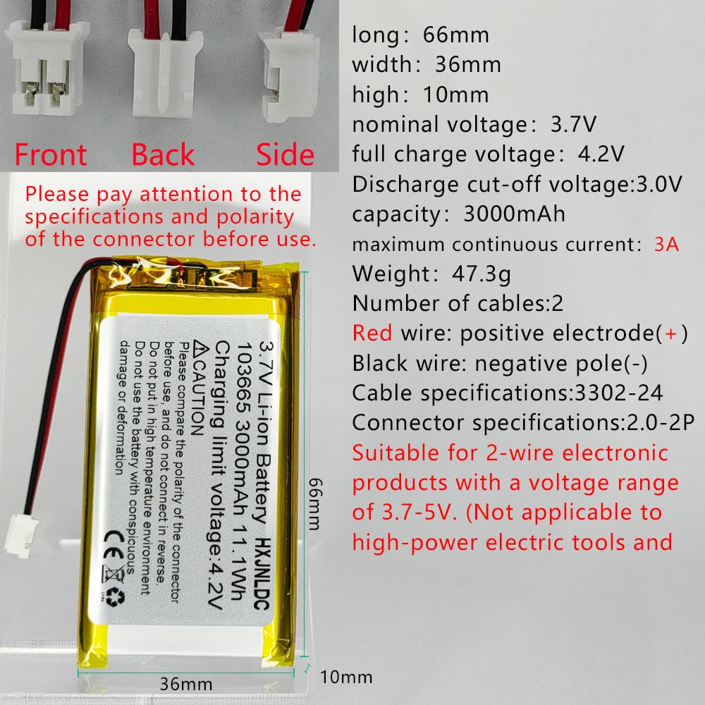 DC 3.7V 3000mAh 103665 Rechargeable Lithium Polymer Battery, Suitable for DIY 3.7-5V Electronic Products with Built-in 2-Wire Battery Replacement and LED Lights