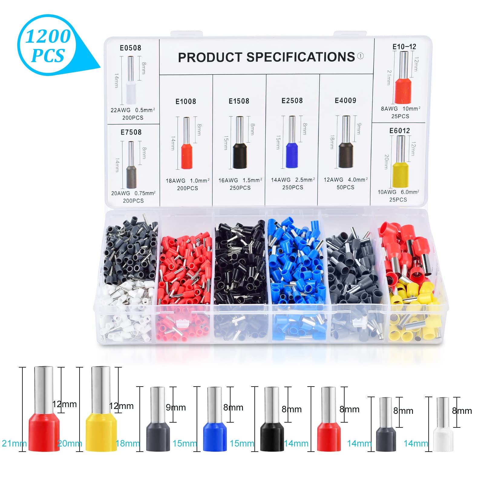 Ferrule Crimping Tool Kit, Ferrule Crimper Plier AWG23-7(0.25-10mm²) with 1200pcs Wire Ferrules Kit Wire Ends Terminals, Self-Adjustable Ratchet Wire Crimping Tool.