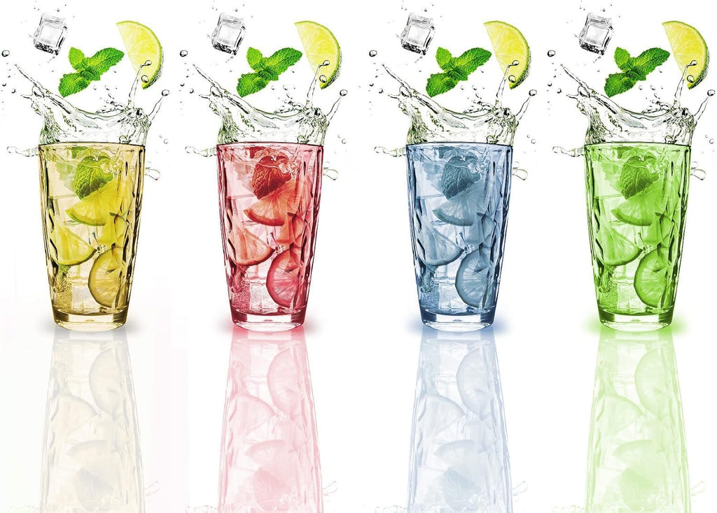 Topsky 16oz Plastic Tumblers Drinking Glasses Set of 4, Clear Acrylic Drinking Cups Wine Glasses Beverage Cups for Daily Use, Poolside, Outdoor&Indoor - Stackable, Dishwasher Safe, Easy to Clean (Mix-Color)