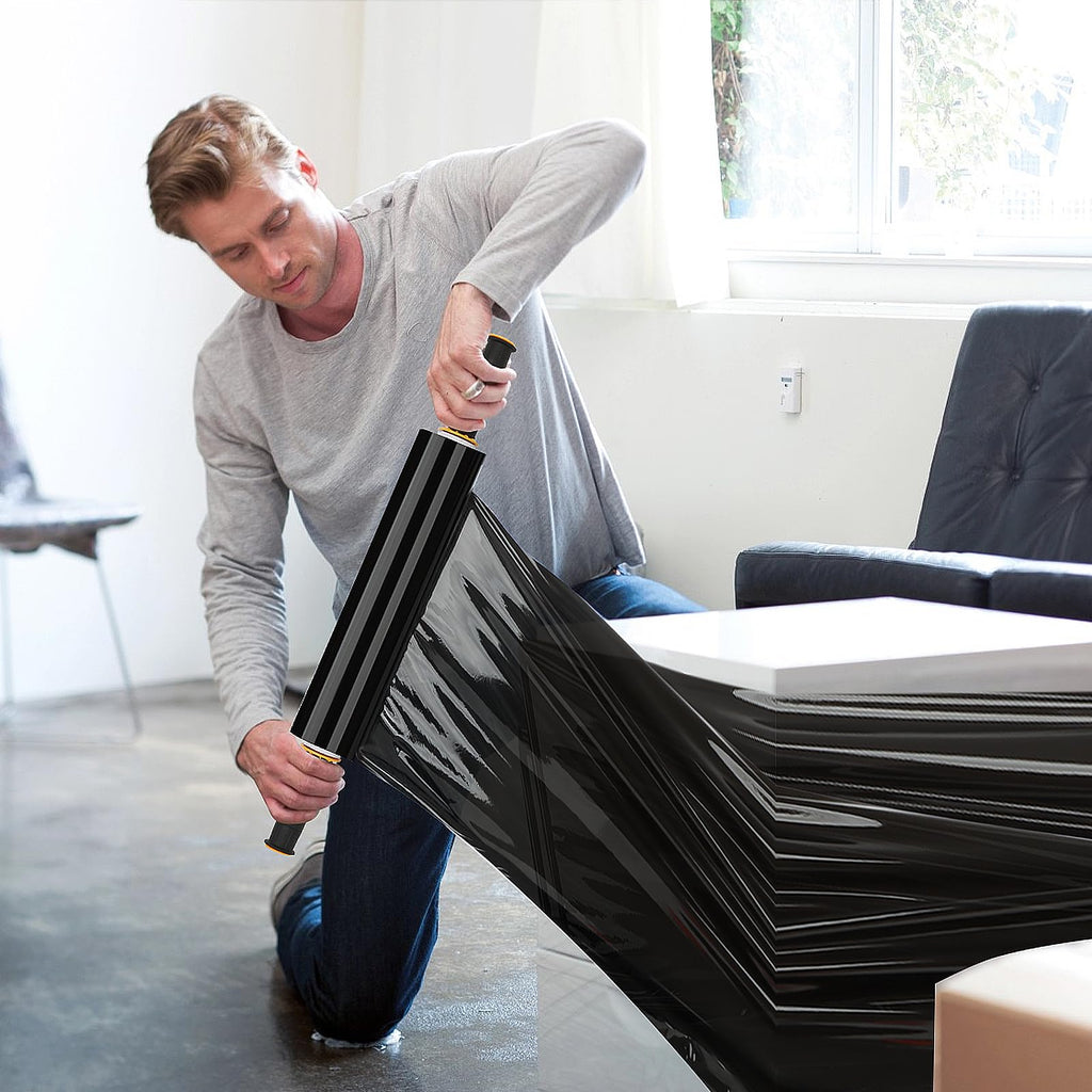 Origuuds Stretch Film, 80 Gauge Stretch Wrap with Handles, Industrial Strength Plastic Wrap for Moving, Pallet Wrap, Luggage, Furniture Wrapping, Packing (Black/15 Inch x 1000 Feet, 1 Roll)