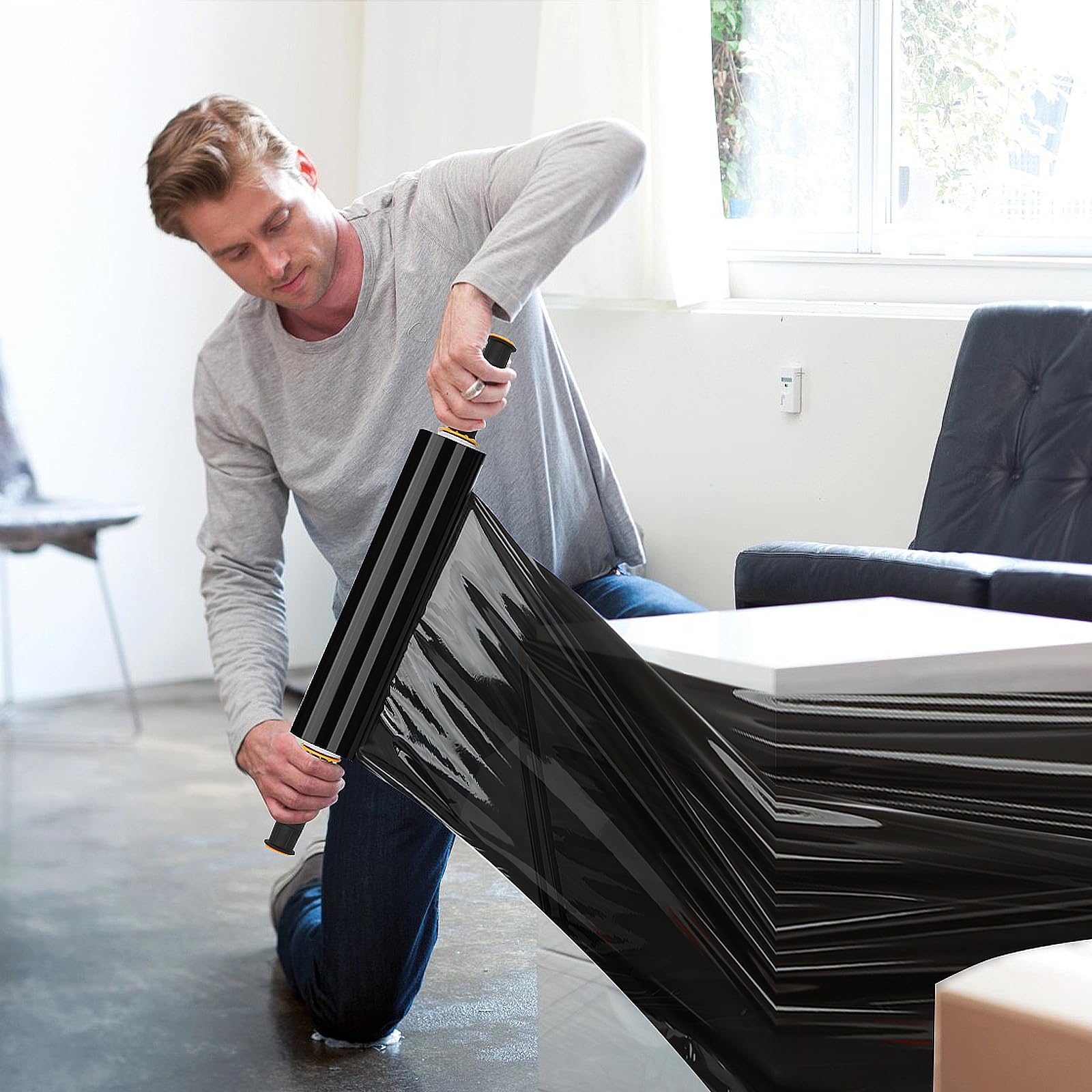 Origuuds Stretch Film, 80 Gauge Stretch Wrap with Handles, Industrial Strength Plastic Wrap for Moving, Pallet Wrap, Luggage, Furniture Wrapping, Packing (Black/15 Inch x 1000 Feet, 1 Roll)