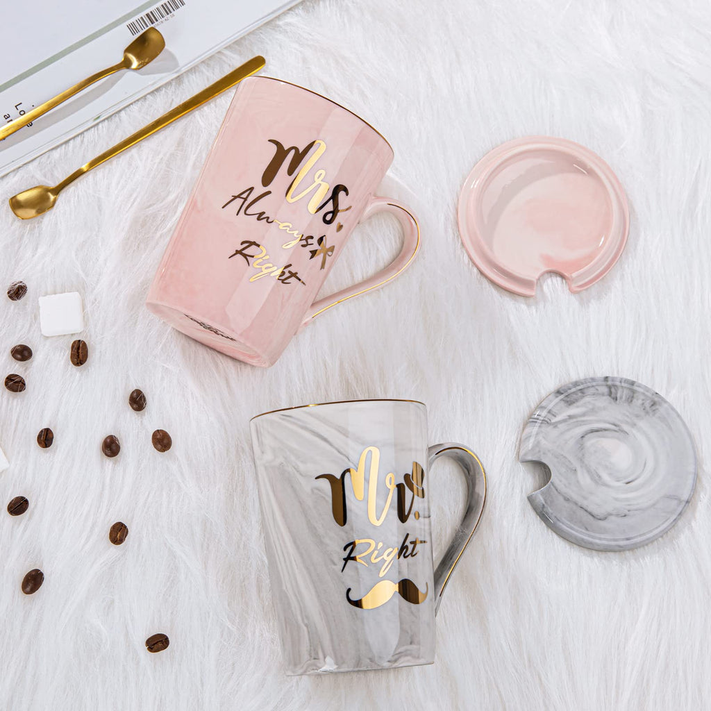 Mr Right and Mrs Always Right Couples Mugs Gifts Set for Wedding, Engagement, Newlyweds Anniversary, Bridal Shower, 14oz Ceramic Marble Mugs with Golden Pattern, Microwave, Dishwasher Safe