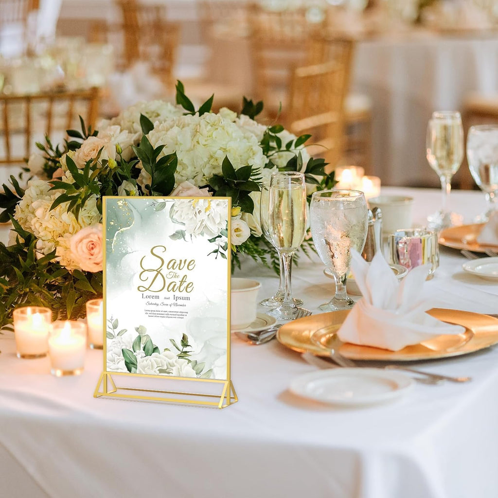 Sign Holders, 6 Pack 5"*7" Acrylic Display Stand for Christmas Party Wedding Table Number, Golden Double Sided Menu Holder, Photo Holder, Clear Picture Frame Flyer Holder For Office Business Store