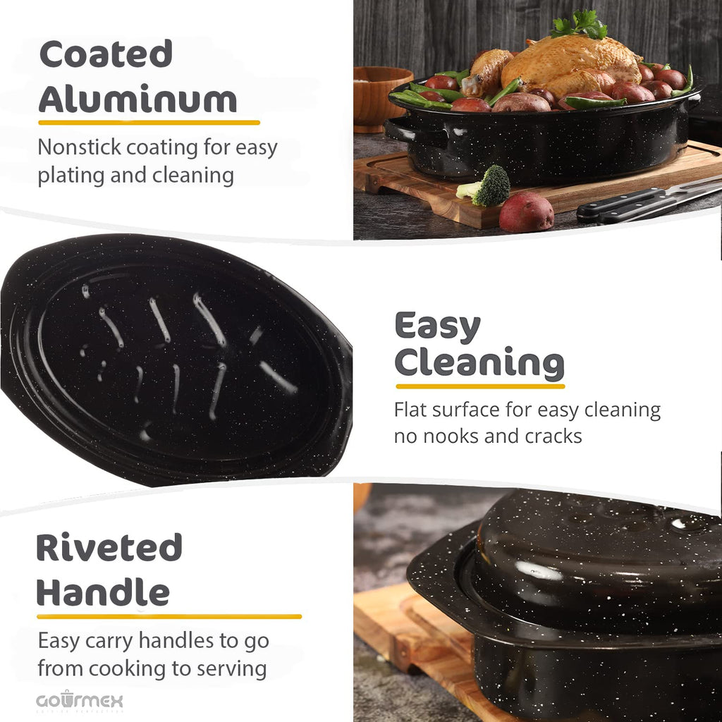 GOURMEX Black Ceramic Enamel Coated Roasting Pan | Dutch Oven Pot with Lid | Dishwasher Safe, Oven Safe, Freezer Safe | Ideal for Chicken, Turkey Roasting Pan (12lb Oval)