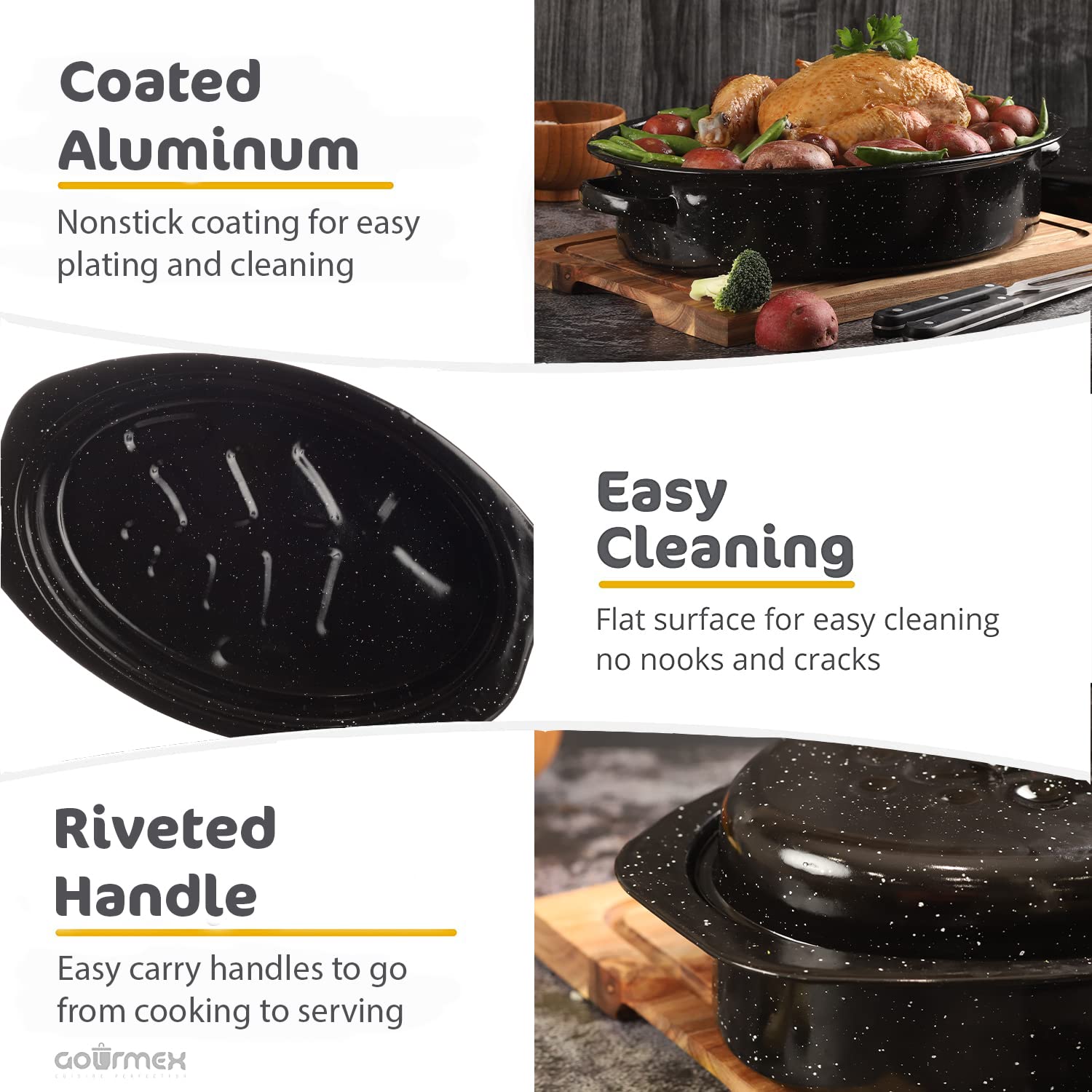 GOURMEX Black Ceramic Enamel Coated Roasting Pan | Dutch Oven Pot with Lid | Dishwasher Safe, Oven Safe, Freezer Safe | Ideal for Chicken, Turkey Roasting Pan (12lb Oval)