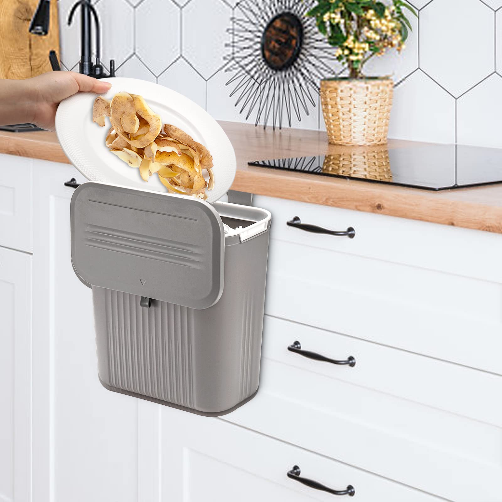 Frcctre 2 Pack Compost Bin for Kitchen, 2.4 Gallon/9L Hanging Trash Can with Lid Garbage Can for Countertop or Under Sink, Wall Mounted Counter Waste Bin for Kitchen Bathroom Bedroom Office