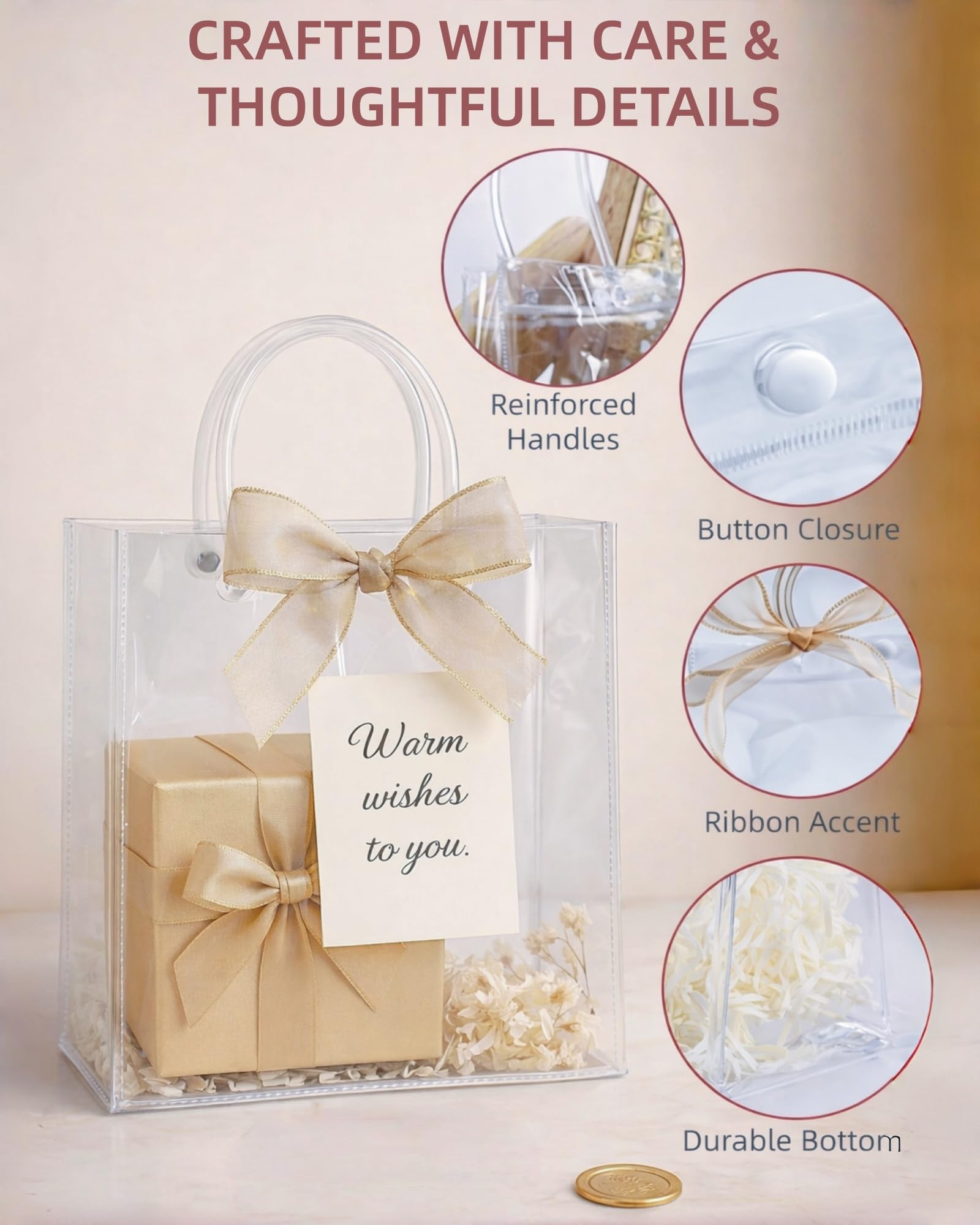 VAGREEZ Clear Gift Bags with Handle and Ribbon 25 Pack | Reusable, Transparent, Assorted Sizes, Bulk Loot Bags | Ideal for Party, Wedding, Birthday, Christmas and Small Business | 7.9"X3.15"X7.9", Small-Size