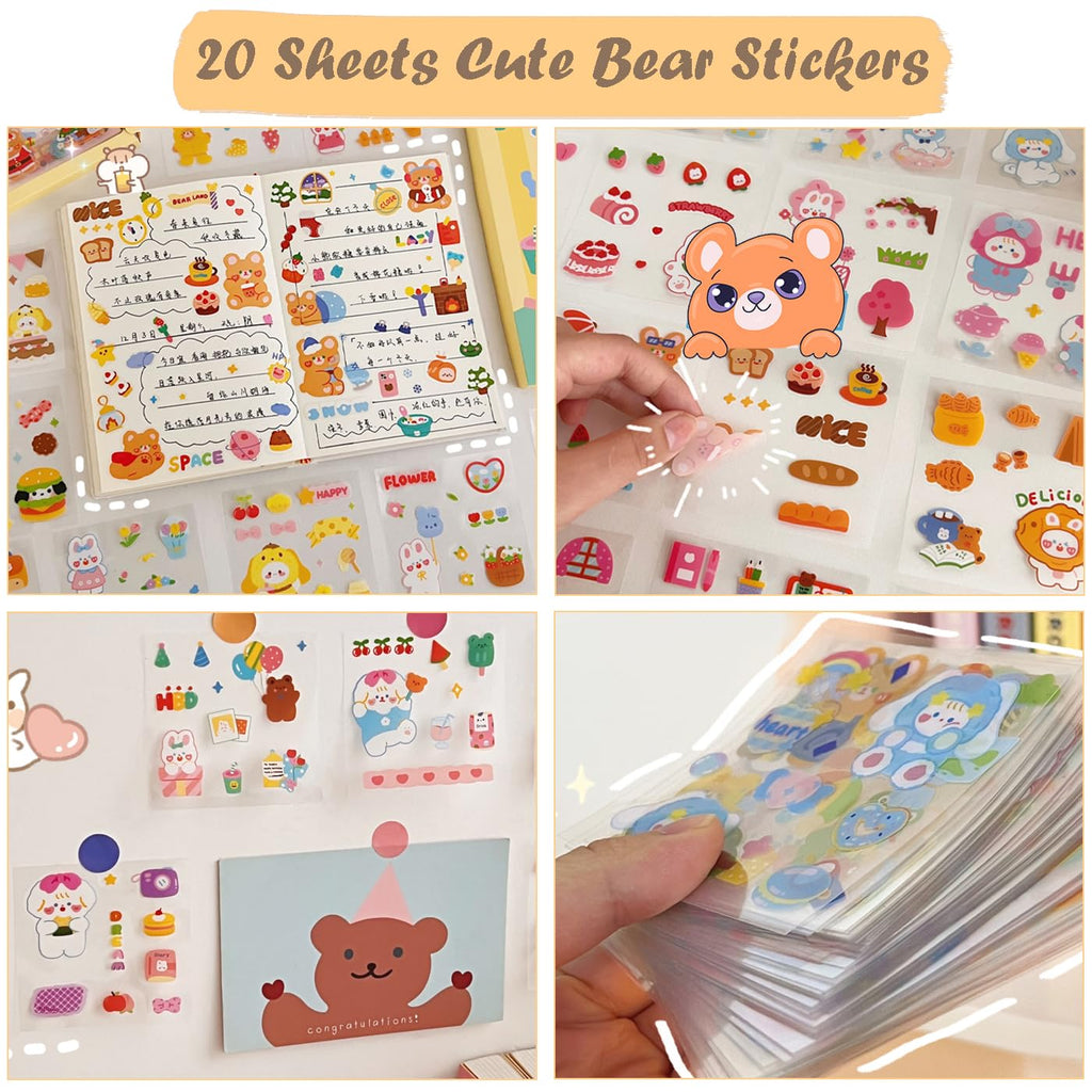 406Pcs Cute Bear Stationery Set, Kawaii Office Supplies Includes Fun Pencil Case Gel Ink Pens, Cartoon Sticky Notes Mini Notebooks Stickers Card Case As Bulk Party Gifts (Bear)