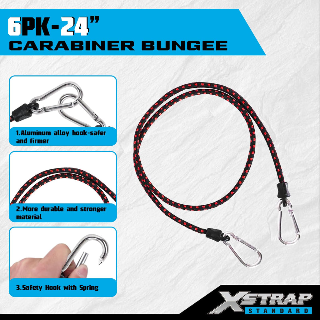 XSTRAP STANDARD 6PK Bungee Cords with Carabiners 24 Inch Heavy Duty Straps Strong Elastic Rope Locks onto Anchor Points of Luggage Rack/Cargo/Camping