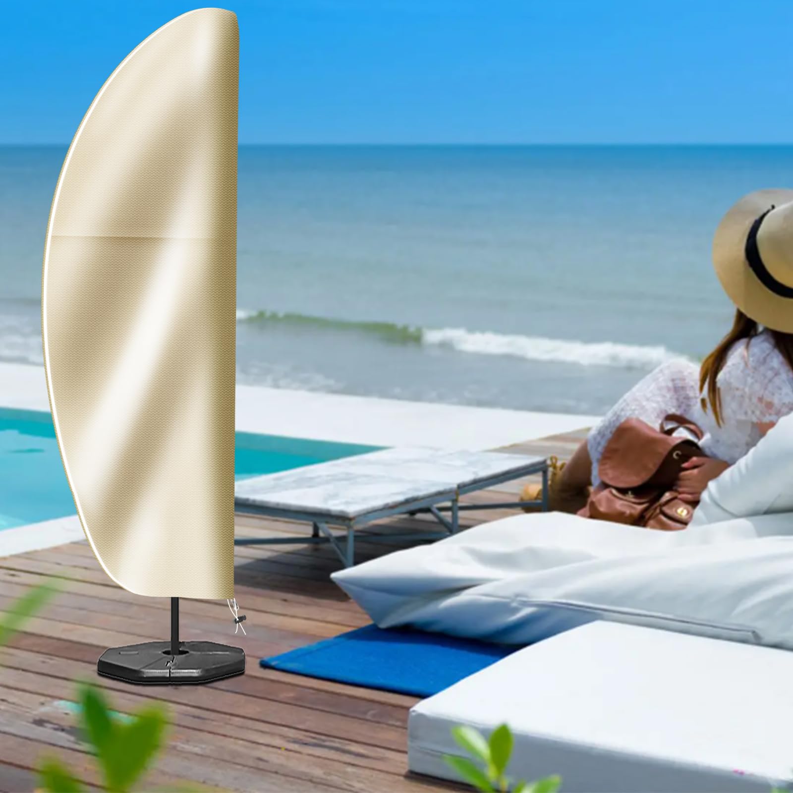 OKPOW Patio Umbrella Cover for 9ft to 14ft Outdoor Umbrellas - Waterproof Cantilever Offset Umbrella Cover Windproof - 420D Oxford Fabric Anti UV Large Hanging Parasol Covers (Beige)