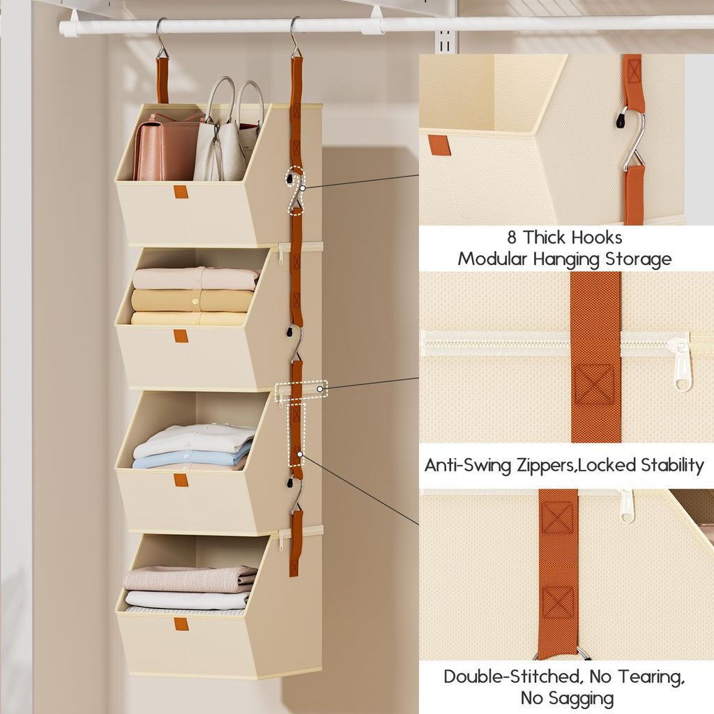 DIMJ Hanging Closet Organizer 4 Tier - Detachable Clothes Shelf Storage Modular Closet System, Fabric Storage Bins Bedroom Organization, Collapsible Baskets for Home, Dorm, Rv - Beige