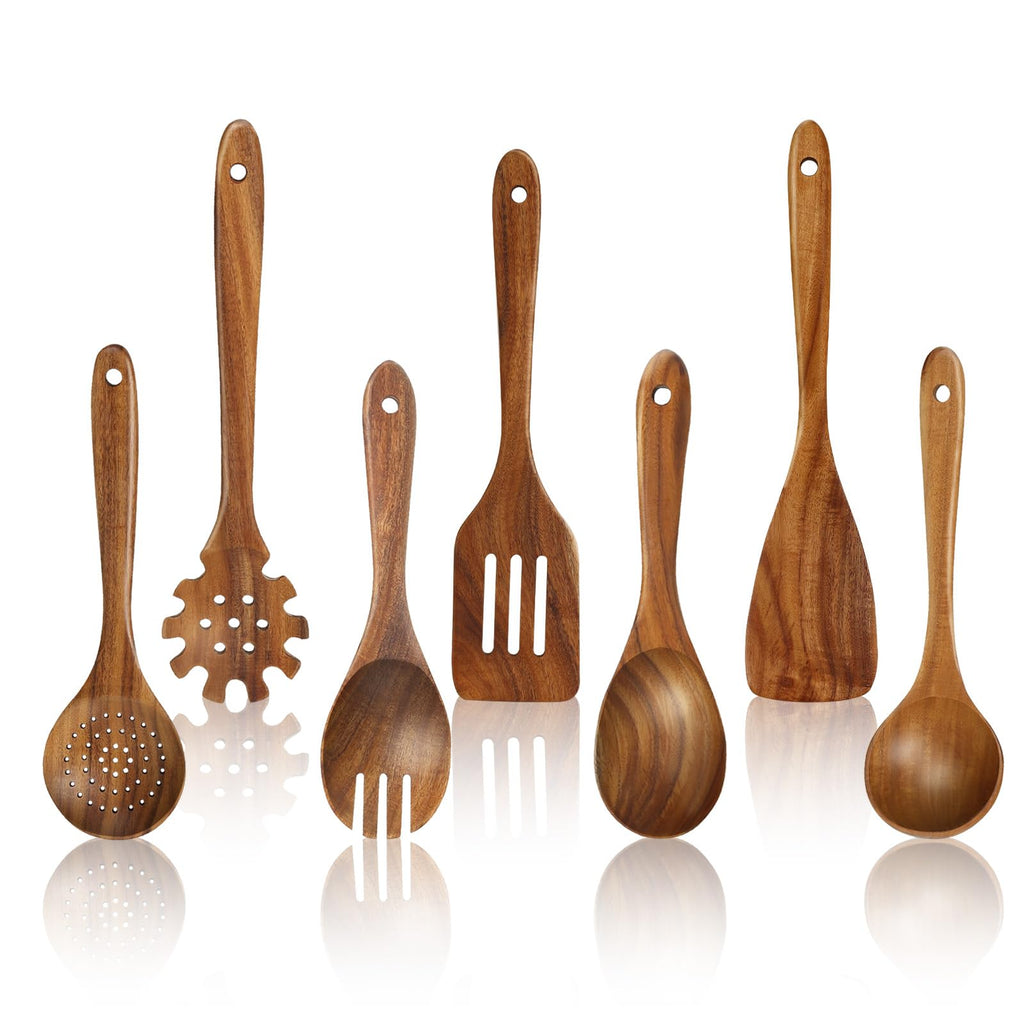 comfoyar Teak Wooden Spoons for Cooking, 7 Pieces Kitchen Cooking Utenails Set with Spatula and Ladle, Heat Resistant Kitchen Cookware for Nonstick Pan