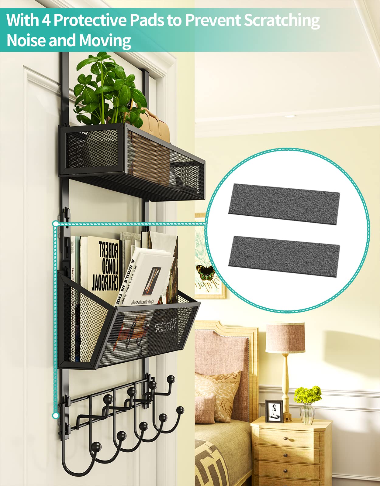 HapiRm Over The Door Hooks Organizer - High Capacity Over Door Hanger, 9 Hooks + 2 Mesh Baskets Storage for Hanging Clothes Towels Bag, in Kitchen Bedroom, No Drilling Metal Hanging Organizer, Black