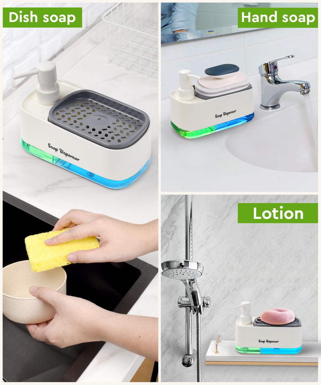 Hand and Dish Soap Dispenser Set for Kitchen, Dual Soap Dispenser with Sponge Holder, 3-in-1 Countertop Soap Pump Dispenser for Kitchen Sink, Useful Kitchen Gadgets - White