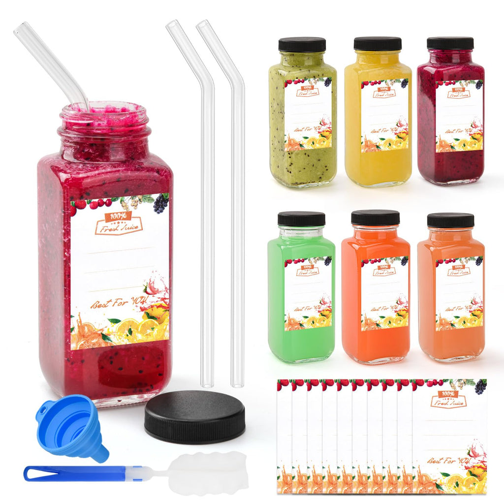 6 Pack 8 oz 250ml Glass Juice Bottles with Lids, Reusable Glass Containers Drinking Glass Jars Small Glass Bottles for Smoothie, Juicer Shots, Milk, Water, Kombucha, School, Outdoor