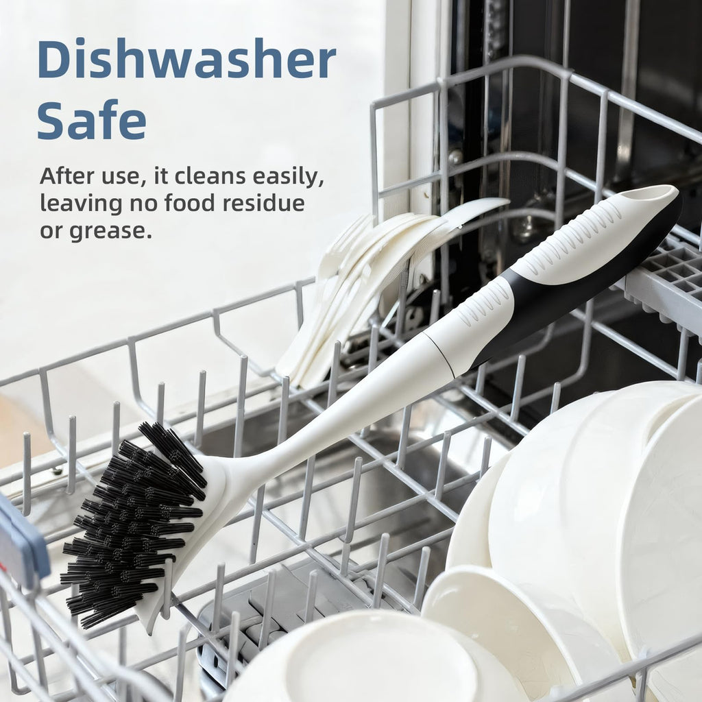 Cleangor Dish Scrub Brush, 2 Pack Stiff Bristles Cleaning Scrubber Brushes with Non Slip Handle Built-in Scraper, Kitchen Dish Brushes for Cleaning Pans, Pots, Stoves, Sink
