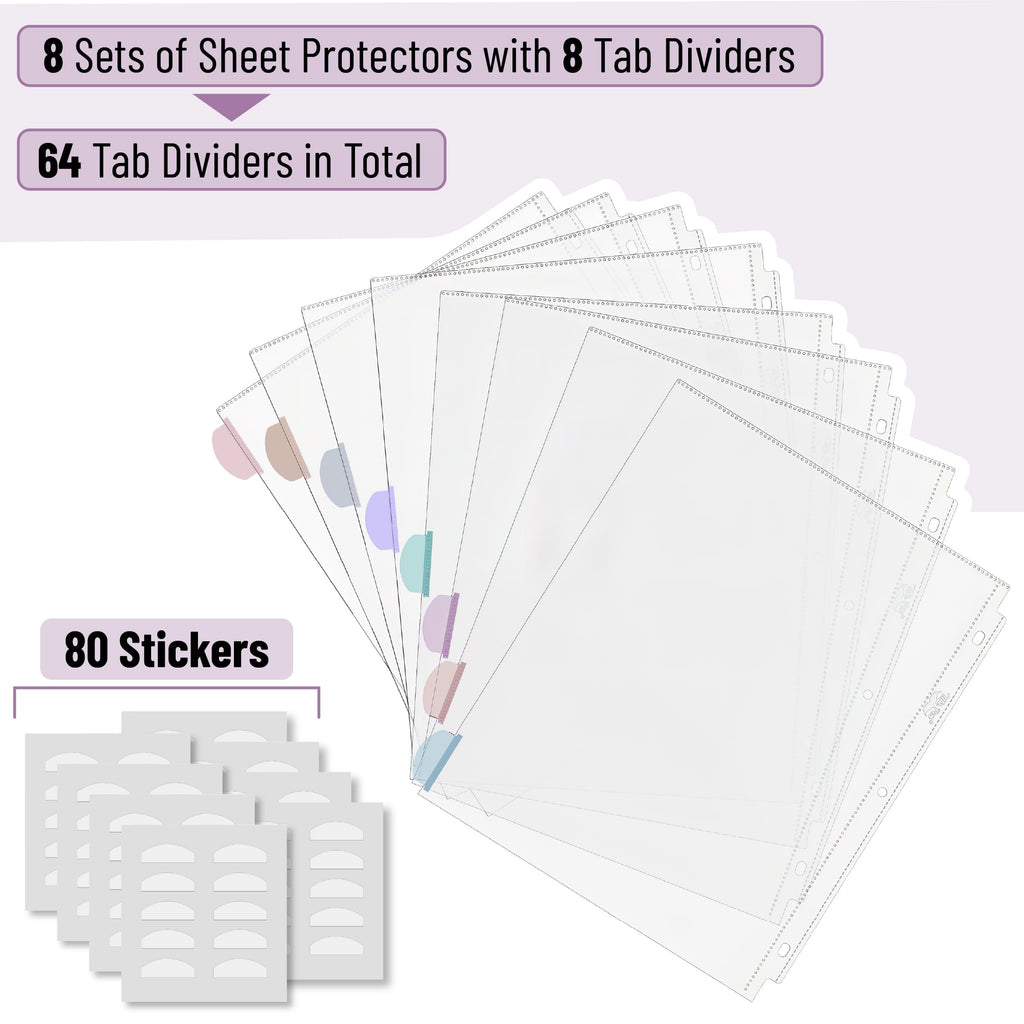 Mr. Pen- Clear Sheet Protectors with Tabs, 8 Tabs, 8 Sets, Clear Plastic Dividers for 3 Ring Binder, Insertable Index Page Divider Multicolor Tabs
