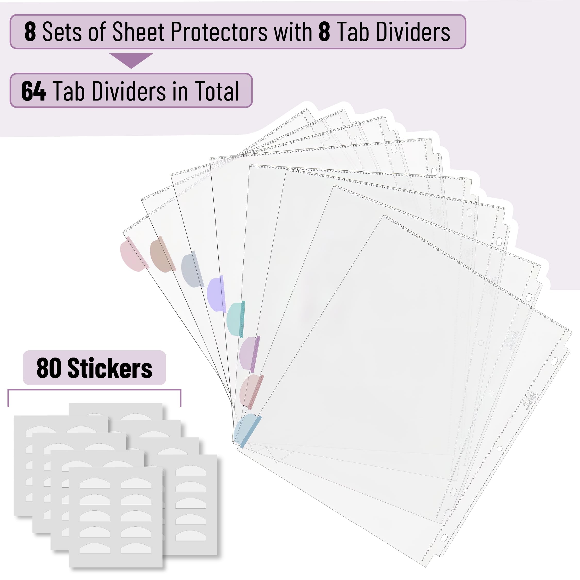 Mr. Pen- Clear Sheet Protectors with Tabs, 8 Tabs, 8 Sets, Clear Plastic Dividers for 3 Ring Binder, Insertable Index Page Divider Multicolor Tabs