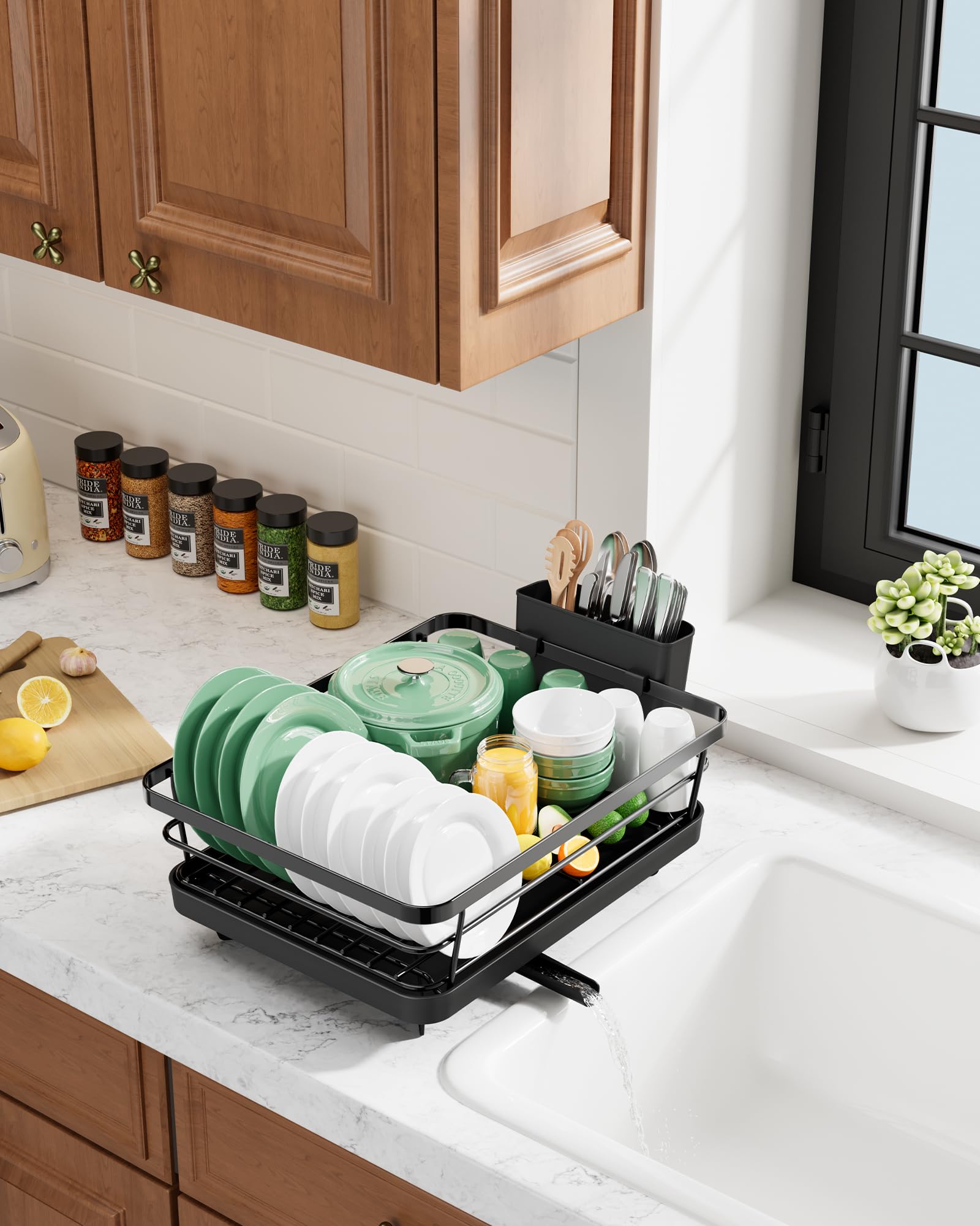 Kitsure Dish Drying Rack - Space-Saving Kitchen Counter Organizer with Cutlery Holder, Over Sink Stainless Steel Dish Rack, 29 x 38cm, Black