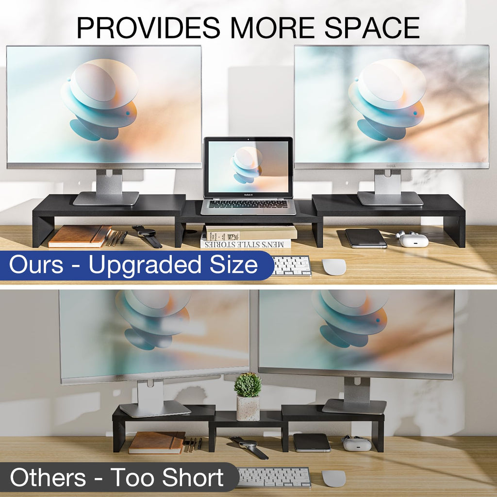 Rfiver Dual Monitor Stand Riser, Adjustable Length (30.7-43.3") & Angle, Large Wooden Desktop Organizer with Storage Shelf for Laptop, Monitors, Home Office Desk, Black