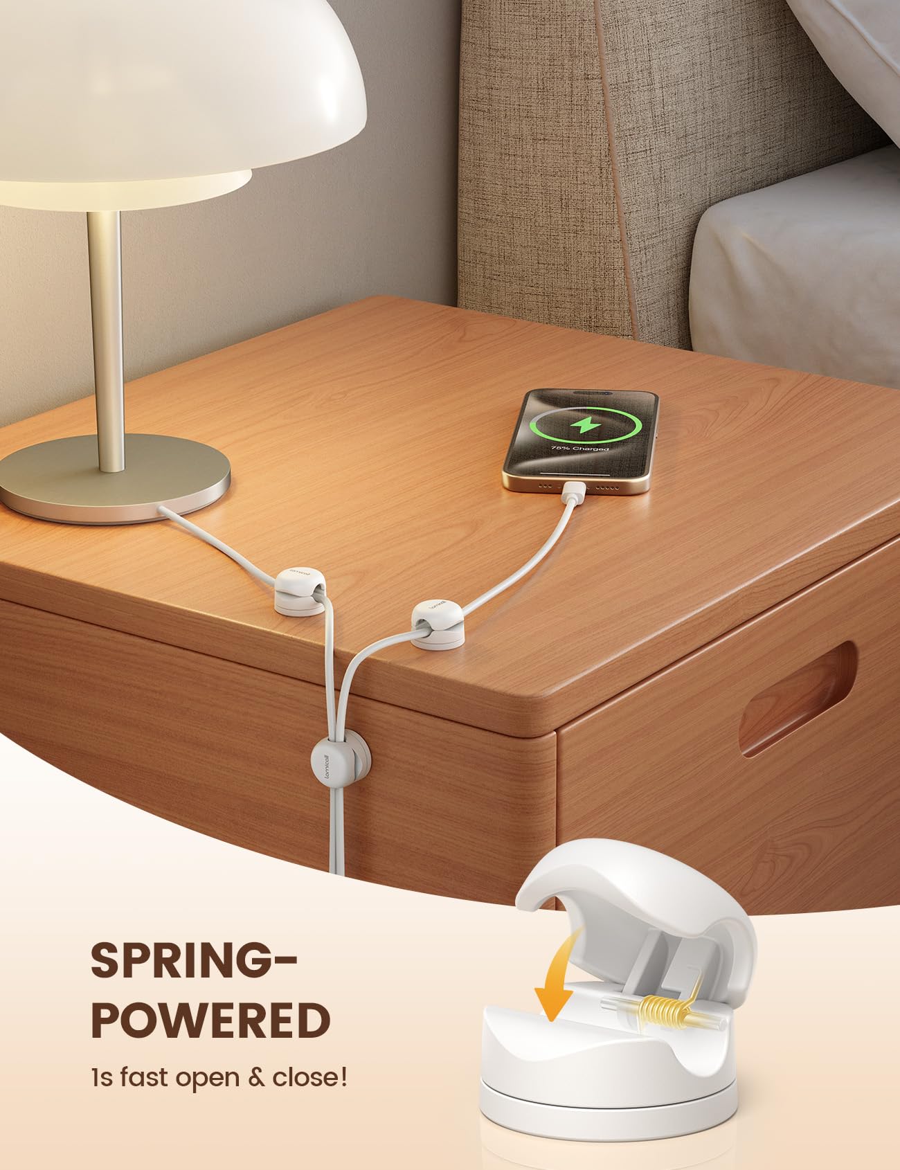 6Pack Cord Organizer, Lamicall Rotatable Spring Cable Clips - [1s Lock] Cord Holder, Desk Phone Charger Cord Management Holder, Adhesive USB Wire Organizer Keeper for Nightstand Office White