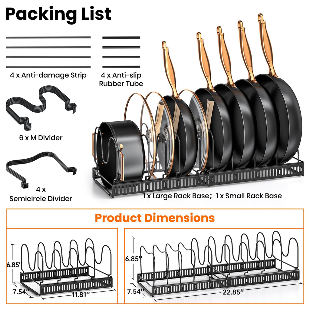 MUDEELA Pots and Pans Organizer Rack for Under Cabinet, Expandable 11.71''-22.85'' Pot Lid Kitchen Cabinet Organizer Holder with 10 Adjustable Compartment Cutting Board Organizer for Pan Lid, Bakeware