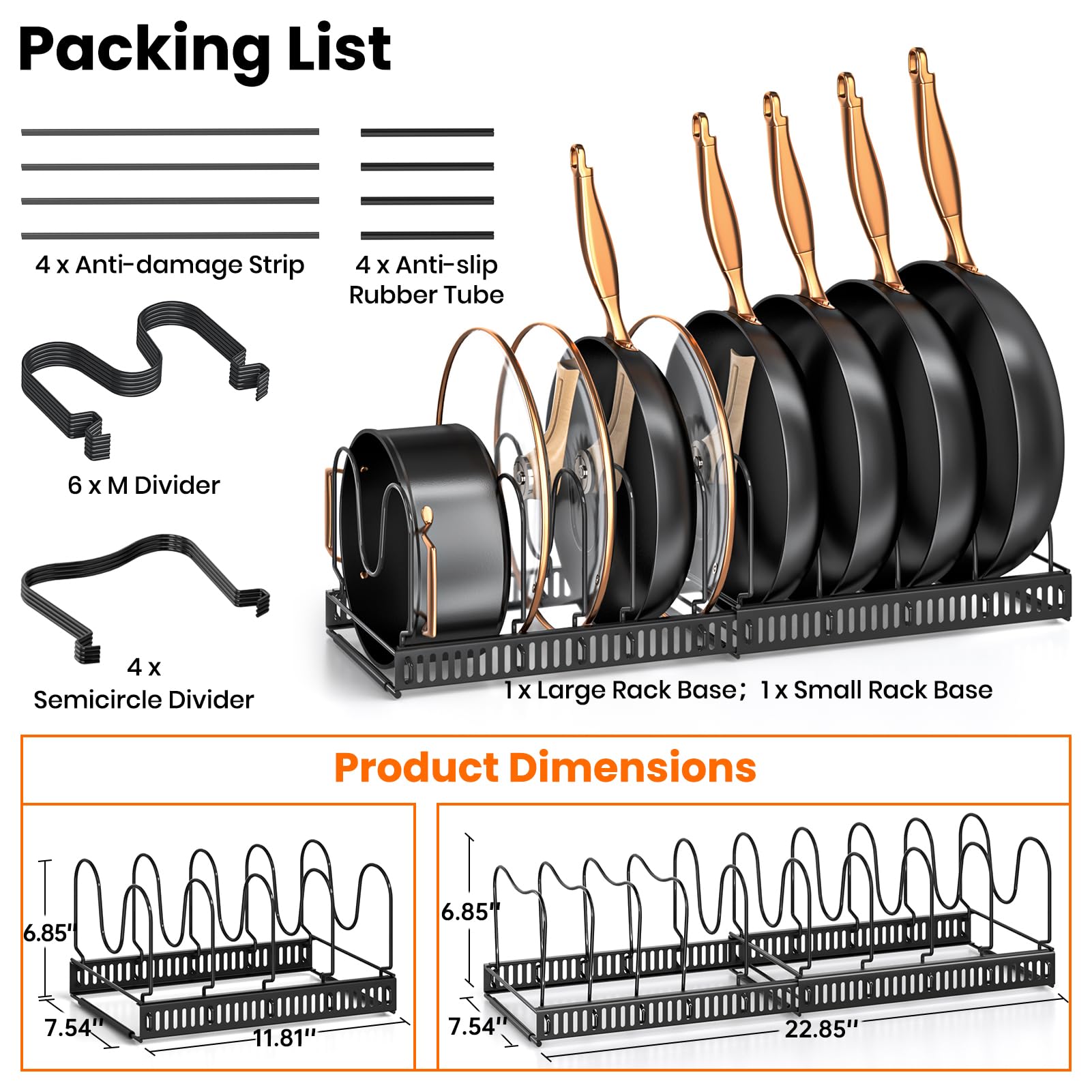 MUDEELA Pots and Pans Organizer Rack for Under Cabinet, Expandable 11.71''-22.85'' Pot Lid Kitchen Cabinet Organizer Holder with 10 Adjustable Compartment Cutting Board Organizer for Pan Lid, Bakeware