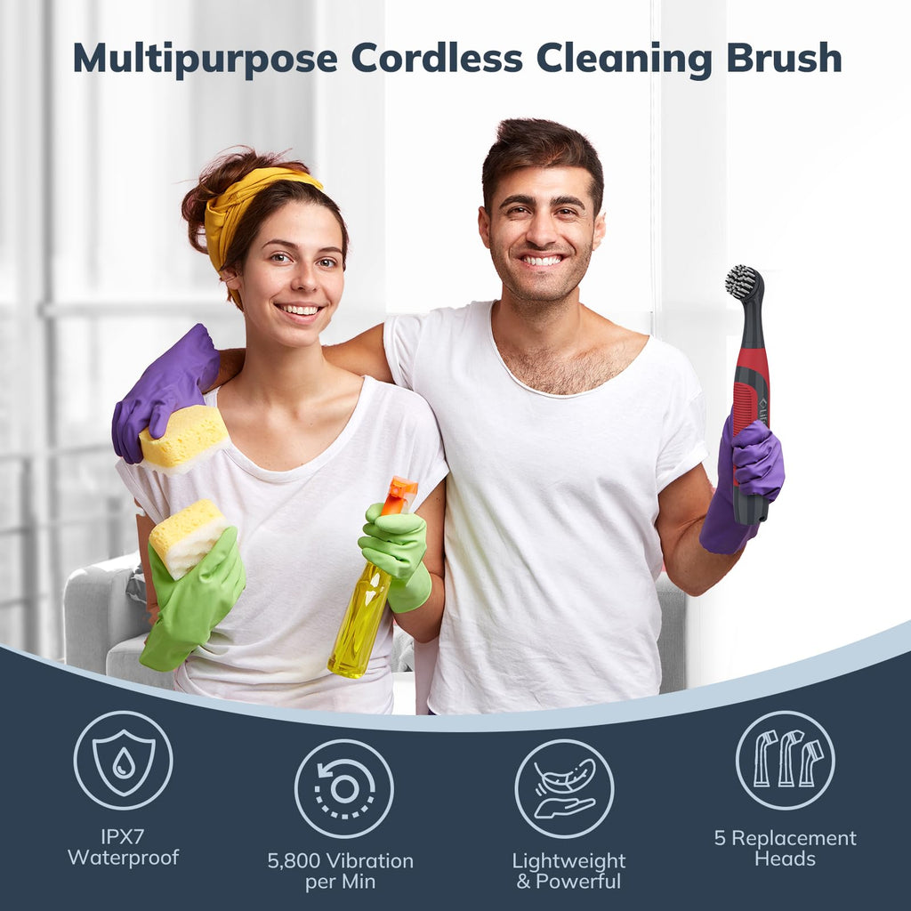 LifeBasis Power Scrubber, Cordless Electric Cleaning Brush Battery Powered Scrub Brush, Water Resistant Small Electric Grout Brush with 5 Brushes for Home/Kitchen/Bathroom/Grout/Tile/Shower/Tub, Red