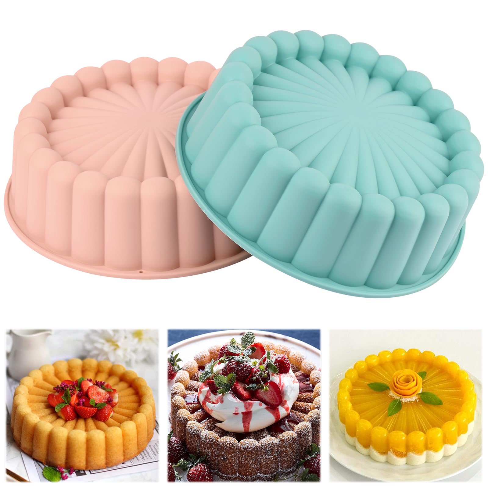 HUAKENER 2 Pcs Charlotte Cake Pan, 8 Inch Round Cake Pan, Nonstick Silicone Cake Molds for Cheese Cake, Chocolate Cake, Rainbow Cakes, Strawberry Shortcake, Brownie Tart Pie, Bule and Pink