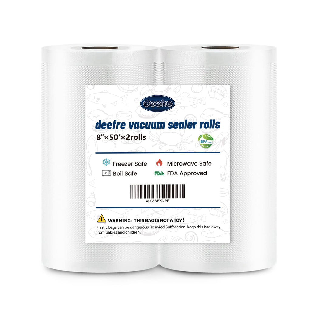 Deefre Vacuum Sealer Bags 2 Rolls 8"x50' Commercial Grade Food Saver Bags for Seal a Meal, BPA Free, Heavy Duty, Great for vac Storage, Meal Prep or Sous Vide