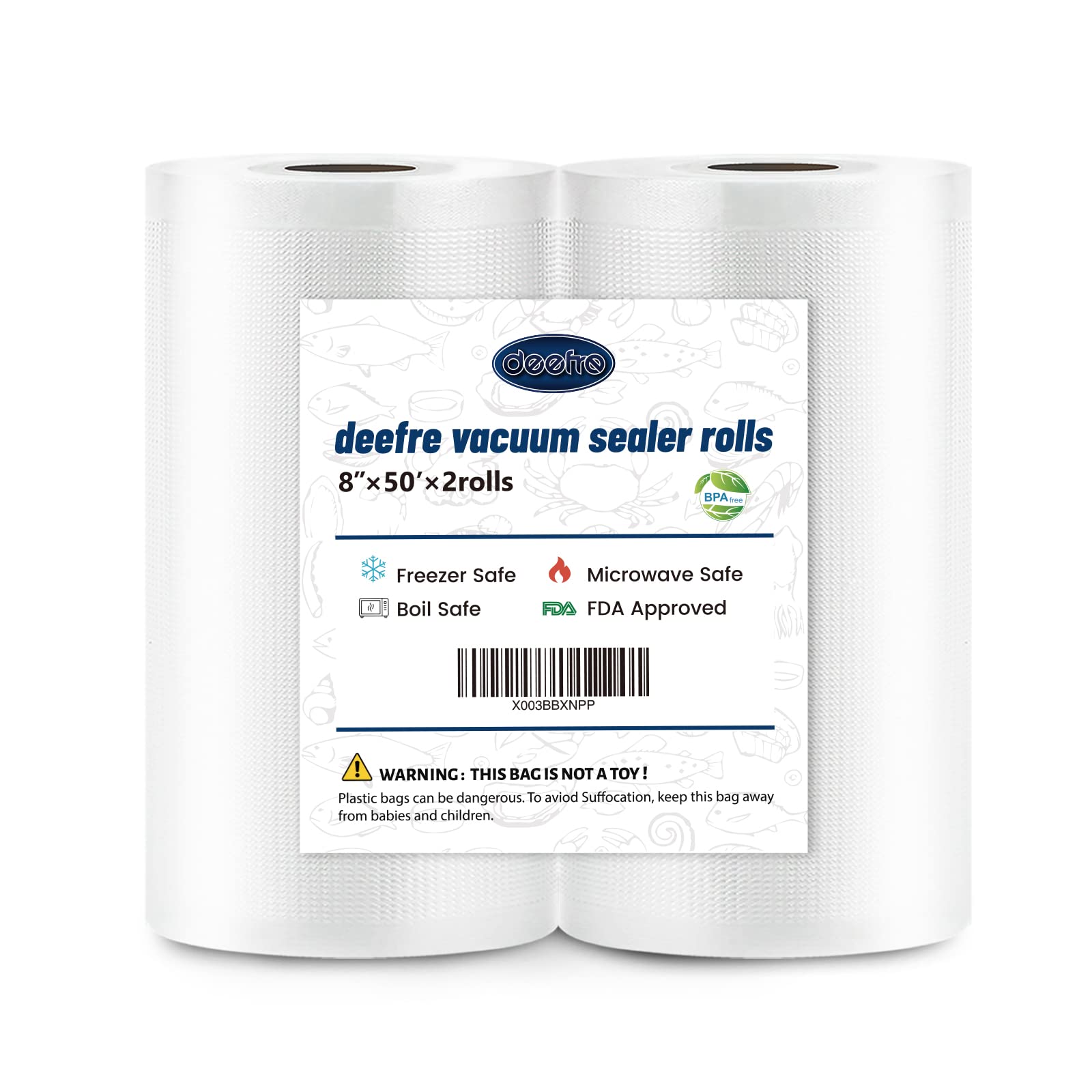 Deefre Vacuum Sealer Bags 2 Rolls 8"x50' Commercial Grade Food Saver Bags for Seal a Meal, BPA Free, Heavy Duty, Great for vac Storage, Meal Prep or Sous Vide