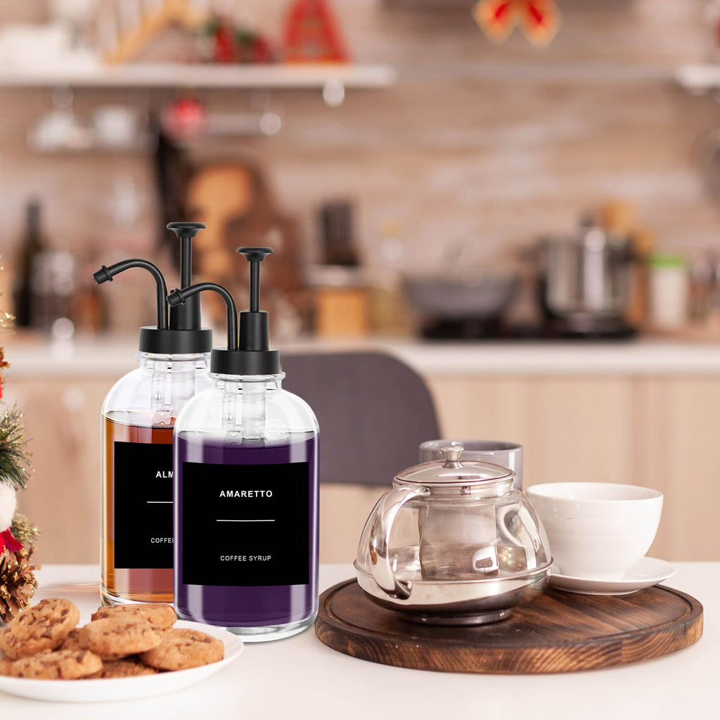 Coffee Syrup Dispenser,Black 500ml/16.9 oz Syrup Dispenser,Set of 2 Glass Syrup Dispenser Bottle,Honey Dispenser with 36 Waterproof Labels and Funnel&Pump for Kitchen Coffee Bar Accessories(Round)