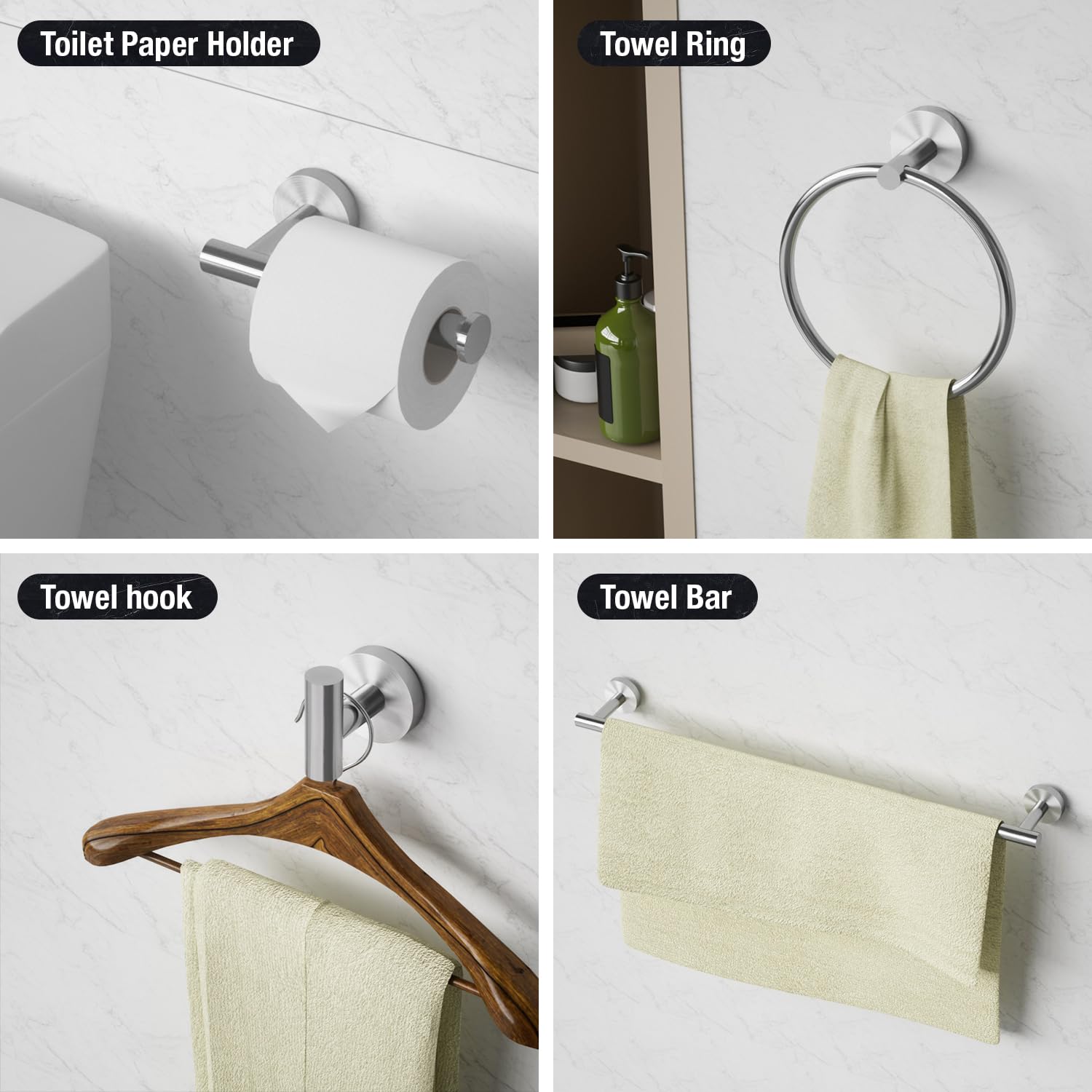 HITSLAM Brushed Nickel Bathroom Accessories Set, SUS304 Stainless Steel Bathroom Hardware Set Wall Mounted, Includes 25.7 Inch Towel Bar, Towel Ring, Robe Towel Hooks, Toilet Paper Holder