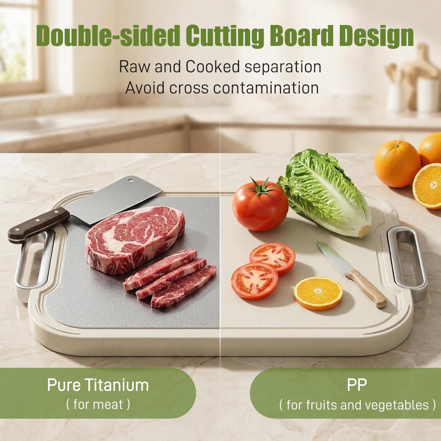 Titanium Cutting Board for Kitchen Double Sided Chopping Board, 100% Pure Titanium & Wheat Straw PP Food Grade Metal Cutting Board, Stain-Resistant Durable Easy to Clean (Large)
