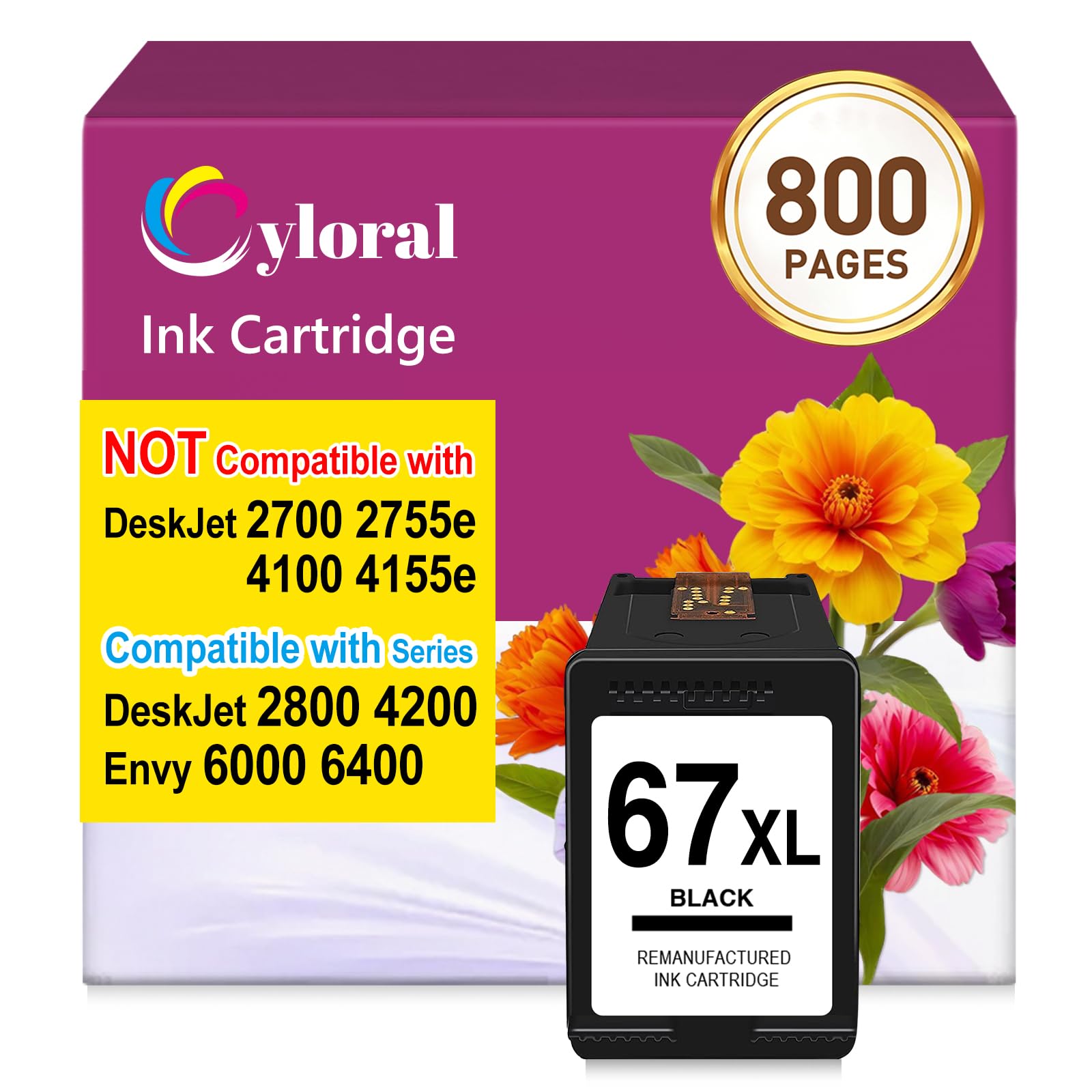 Cyloral 67XL Ink Cartridge Replacement for HP 67 XL Compatible with DeskJet 2800e 2827e 2855e 2852e 2842e 4200e 4252e 4255e 4227e Envy 6000 6400 Printer Remanufactured for HP Ink 67 Black