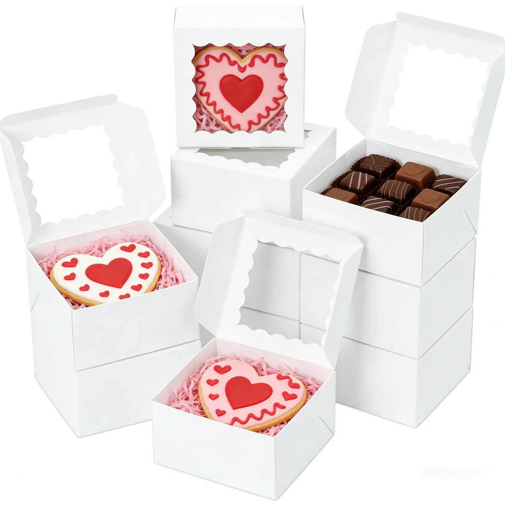 XINHPKGG 50pcs Cookie Boxes 4x4x2.5 Inch Bakery Boxes with Window Treat Box Dessert Box for Wedding Favors Party Mother's Day - White