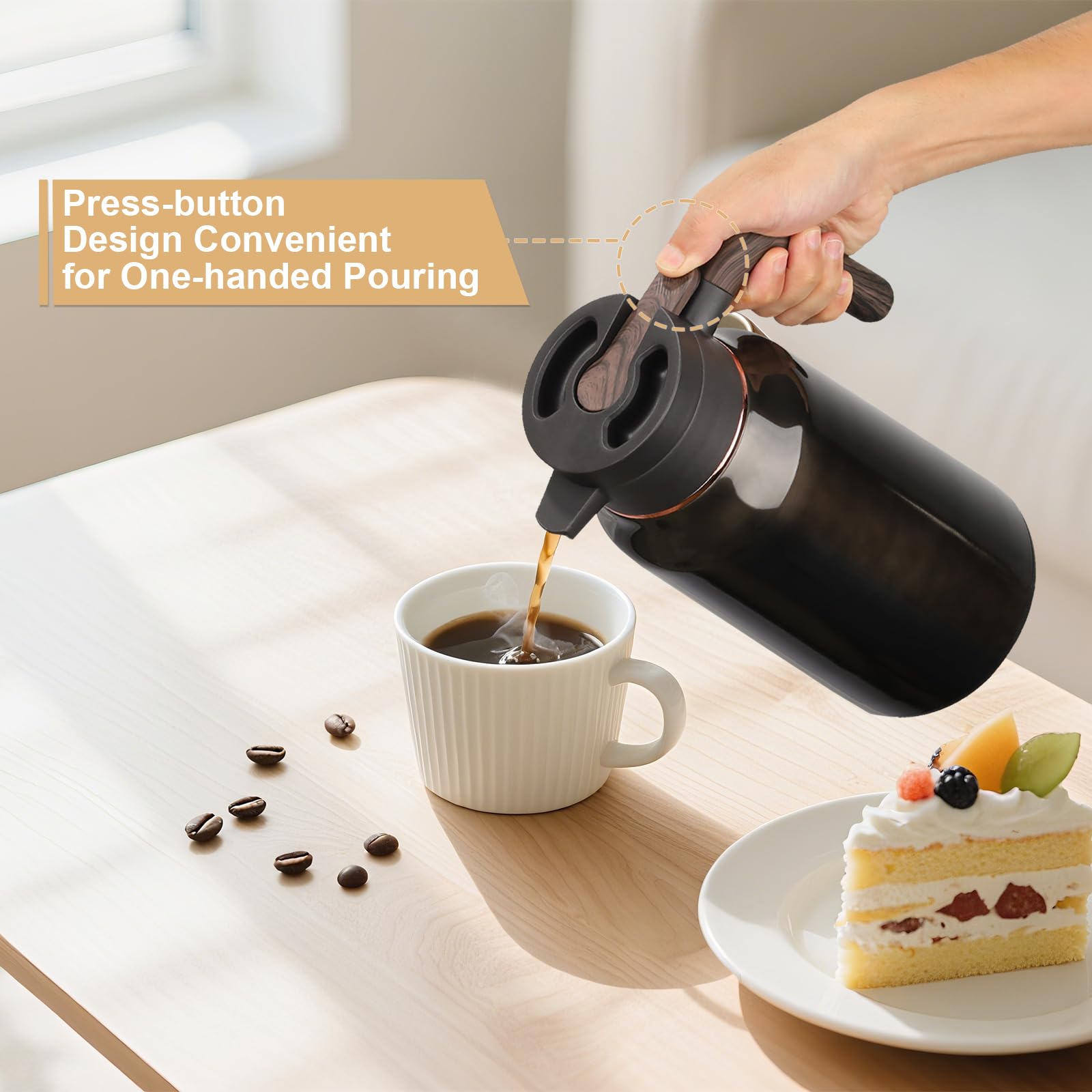 70oz Vacuum Insulated Coffee Carafe - 2L Stainless Steel Thermal Insulated Jug with Ergonomic Handle for Coffee, Tea & Water, Drip-Free Double Wall Design Keeps Beverages Hot/Cold (Black)