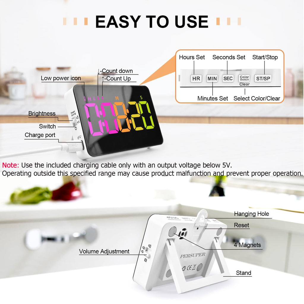 Kitchen Timer for Cooking, 10 RGB Color Changing Digital Magnetic Timer, Countdown/Up, Rechargeabilit, 3 Brightness Display, 3 Volume Levels and Vibration Mode, for Classroom, Home, Study, Fitness