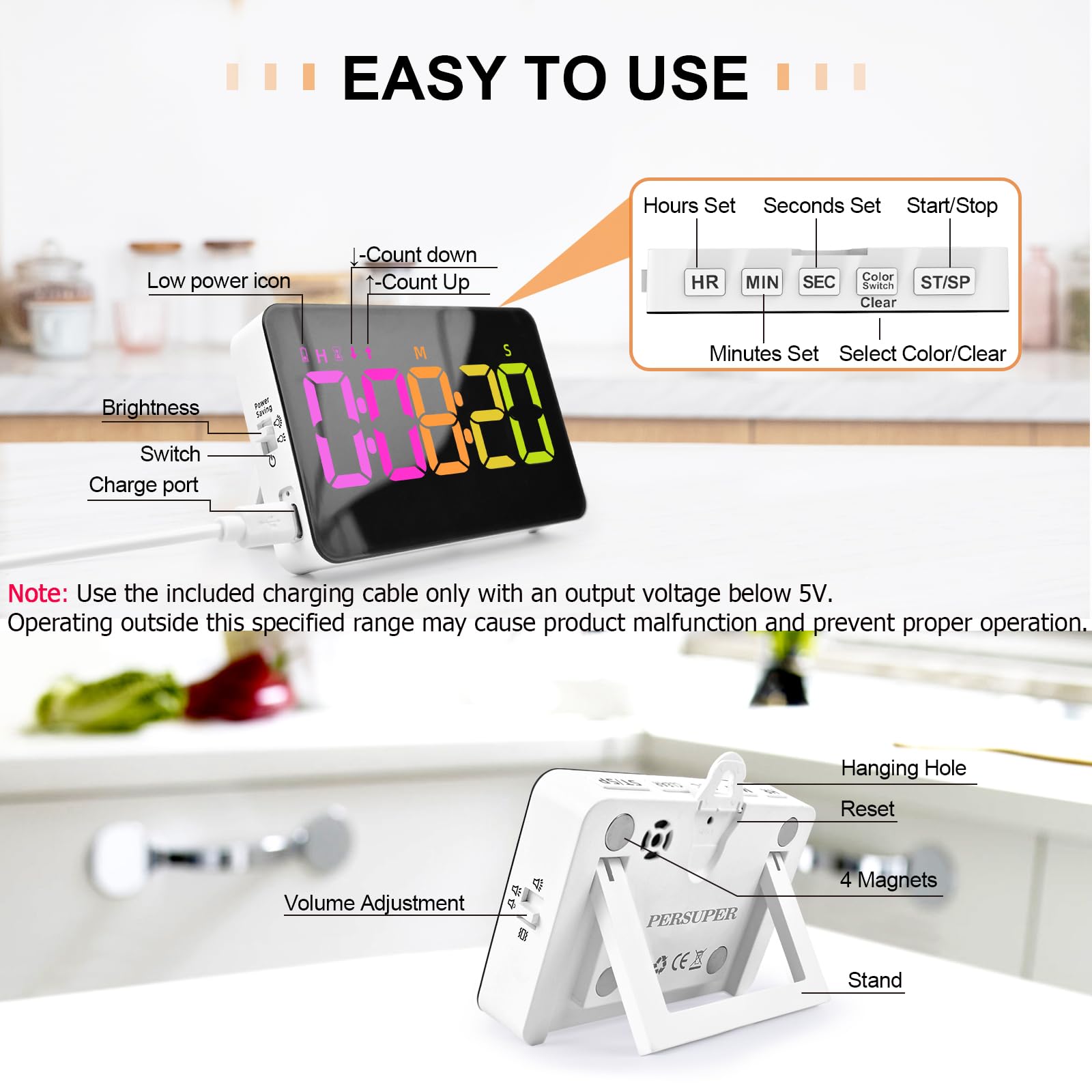 Kitchen Timer for Cooking, 10 RGB Color Changing Digital Magnetic Timer, Countdown/Up, Rechargeabilit, 3 Brightness Display, 3 Volume Levels and Vibration Mode, for Classroom, Home, Study, Fitness