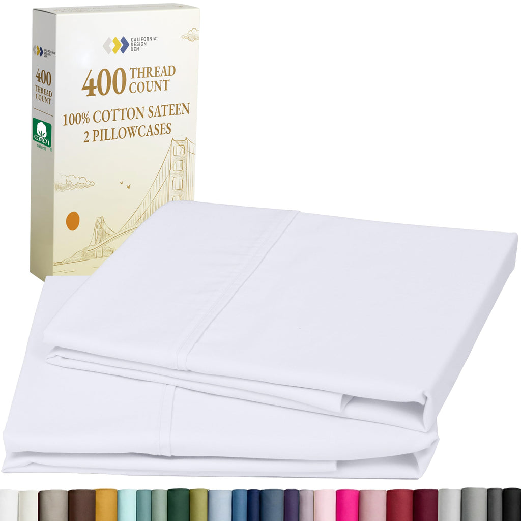California Design Den Standard Queen Size Pillowcase Set - 400 Thread Count, 100% Cotton Sateen, Set of 2 Pillow Covers, Breathable, Cooling, Soft for Quality Sleep - Bright White