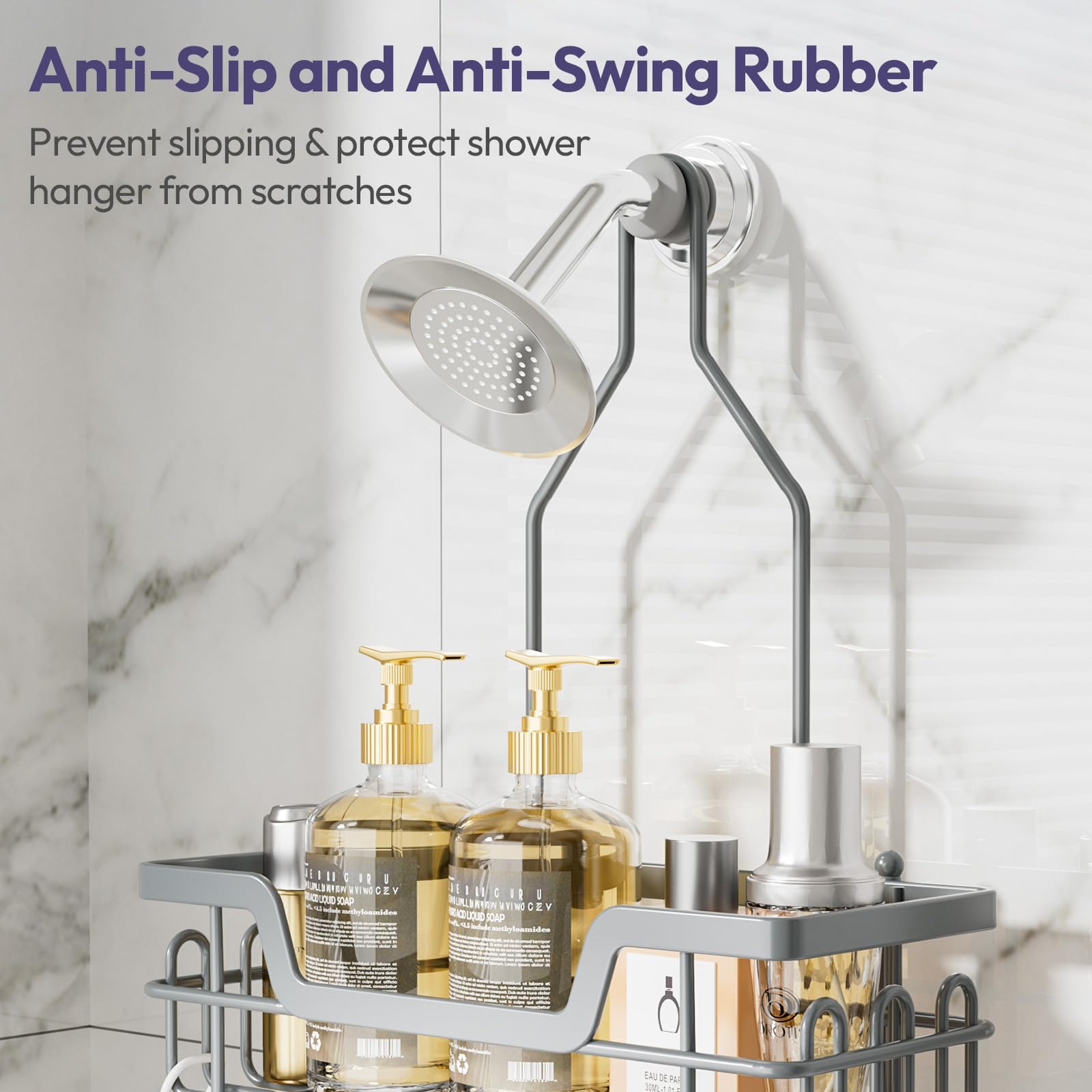 SWTYMIKI Shower Caddy Hanging, Shower Caddy Over Shower Head with 2 Soap Holders & hooks, 3 Tier Antirust & Anti-Swing Bathroom Shelves Organizer No Drilling, Silver