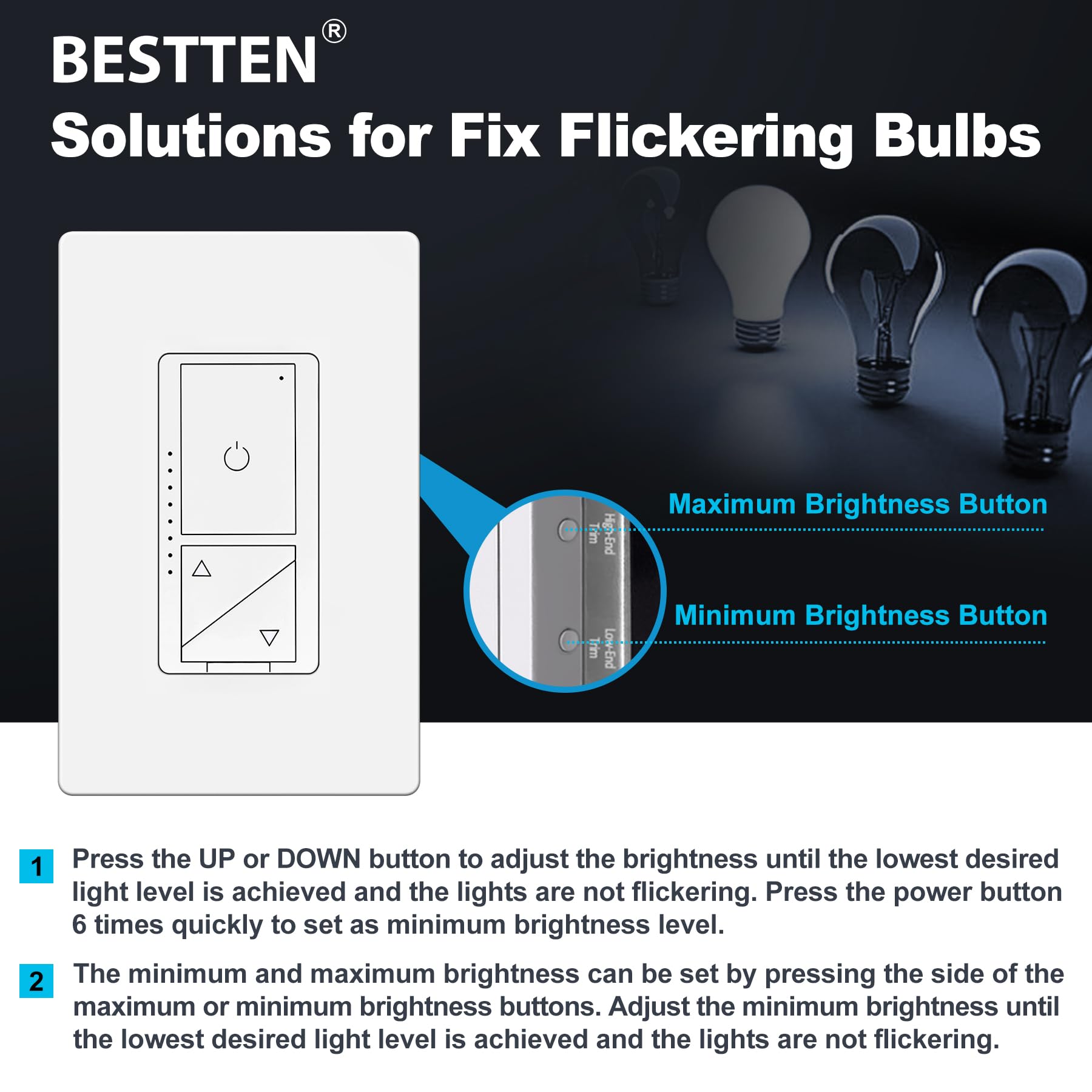 BESTTEN Digital LED Dimmer with Air Gap Power Cut-Off Switch and MCU Smart-chip Technology, Super Slim Design, 3 Button Control, Single Pole or 3 Way, Wallplates Included, cETL Listed, White