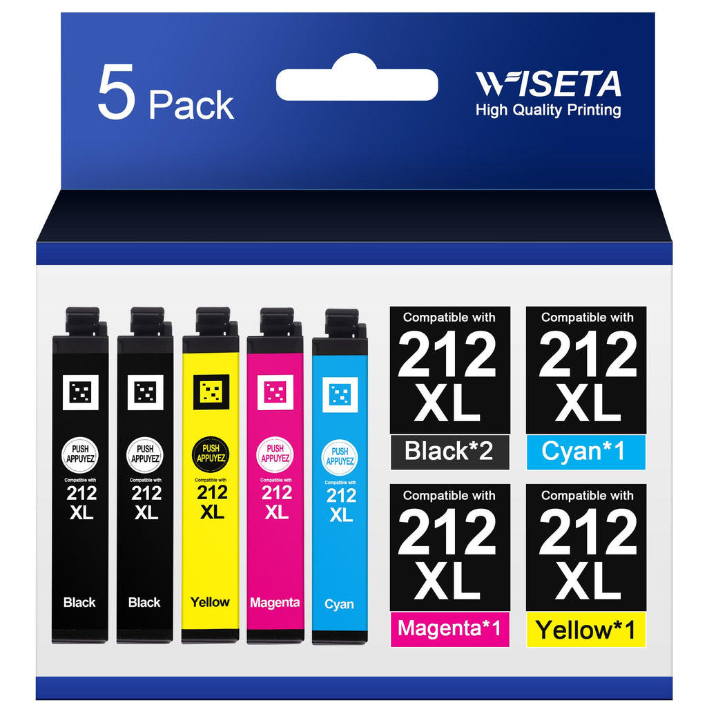 (Latest Chip) 212XL Ink Cartridges 5 Pack Remanufactured for Epson 212 Ink Cartridges 212XL 212 XL, High Capacity for Expression Home XP-4100 XP-4105 Workforce WF-2830 WF-2850 Printer (2BK/C/M/Y)