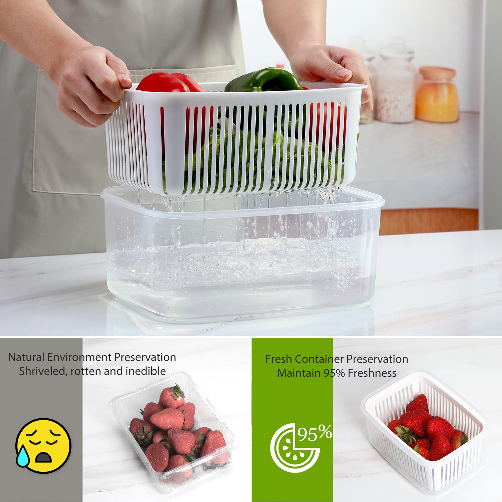 5Pack Fresh Food Storage Containers Fridge,Luxear Microwave Dishwasher Safe Produce Saver Box with Handle,Drain Baskets&Lid,BPA Free Fresh Keeper Refrigerator Organizer for Fruits,Vegetable,White