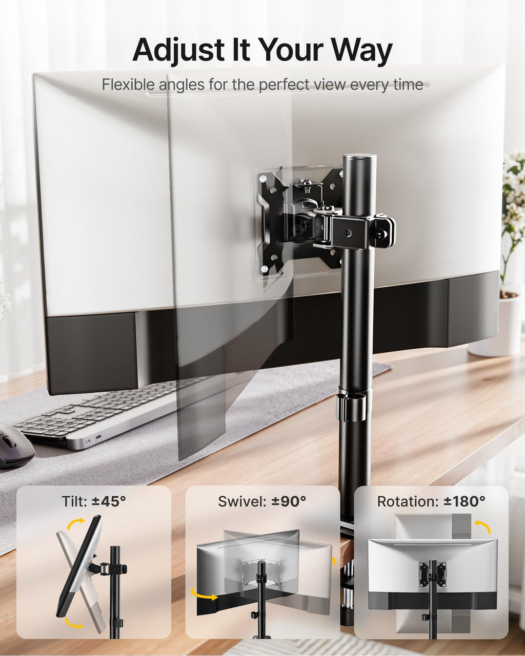 monTEK Single Monitor Stand, Stable Monitor Arm for 17-32 inch& 22lbs Capacity Screen, Height Adjustable Desk Mount with C Clamp and Grommet Base, VESA 75 * 75MM/ 100 * 100MM