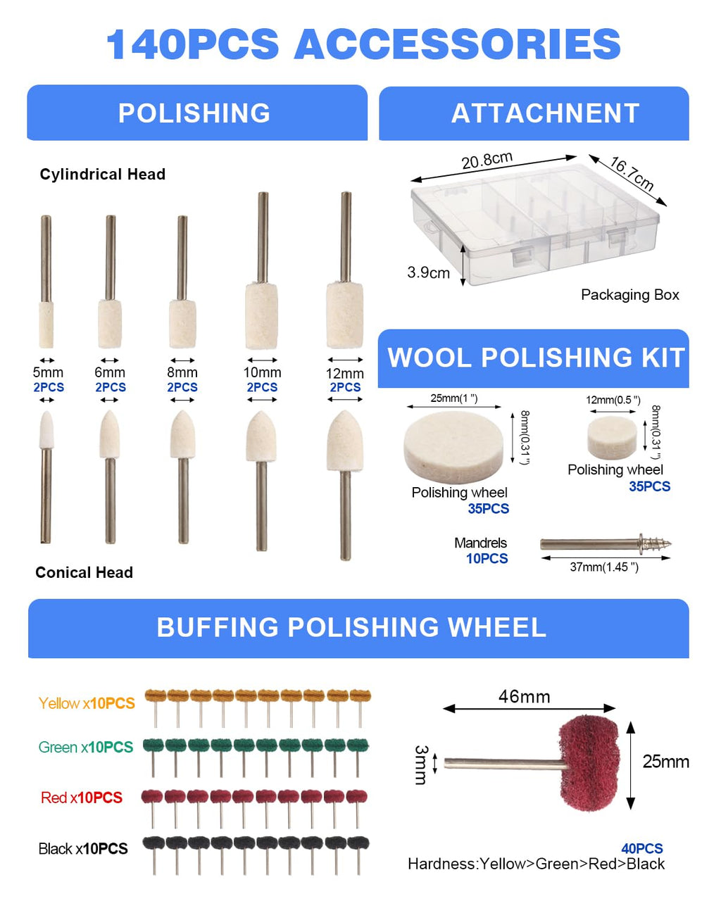 140 PCS Polishing Kit for Dremel, Abrasive Buffing Wheels Polishing Bits for Rotary Tool Accessories with 1/8 Inch Shank, Sanding Kit for Metal, Resin, Wood Watch, Jewelry, Aluminum and Brass with Box