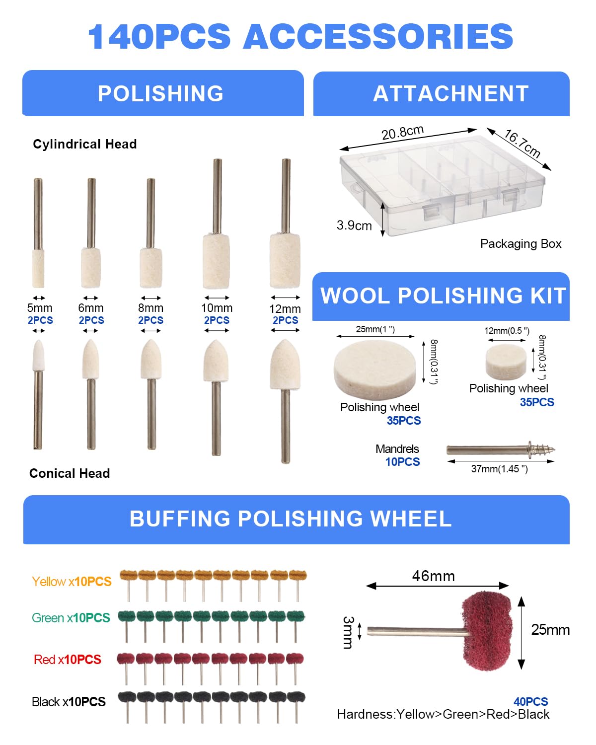 140 PCS Polishing Kit for Dremel, Abrasive Buffing Wheels Polishing Bits for Rotary Tool Accessories with 1/8 Inch Shank, Sanding Kit for Metal, Resin, Wood Watch, Jewelry, Aluminum and Brass with Box