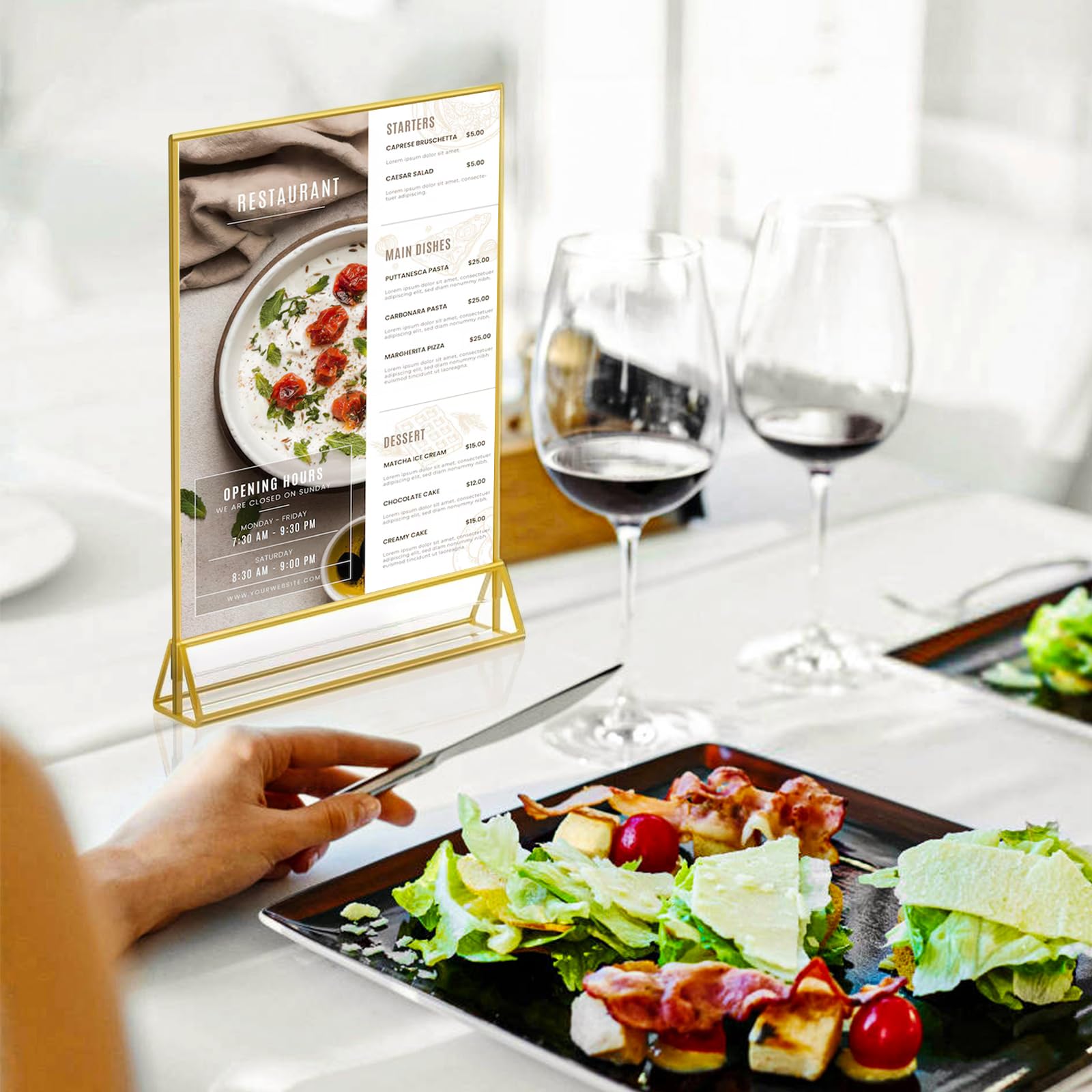 6 Pack Acrylic Gold Sign Holder, 5 x 7 Inch Clear Double Sided Picture Frame, Table Menu Display Stand Flyer Holder for Table Numbers, Photos, Restaurant, Wedding, Office (5 x 7 Inch)