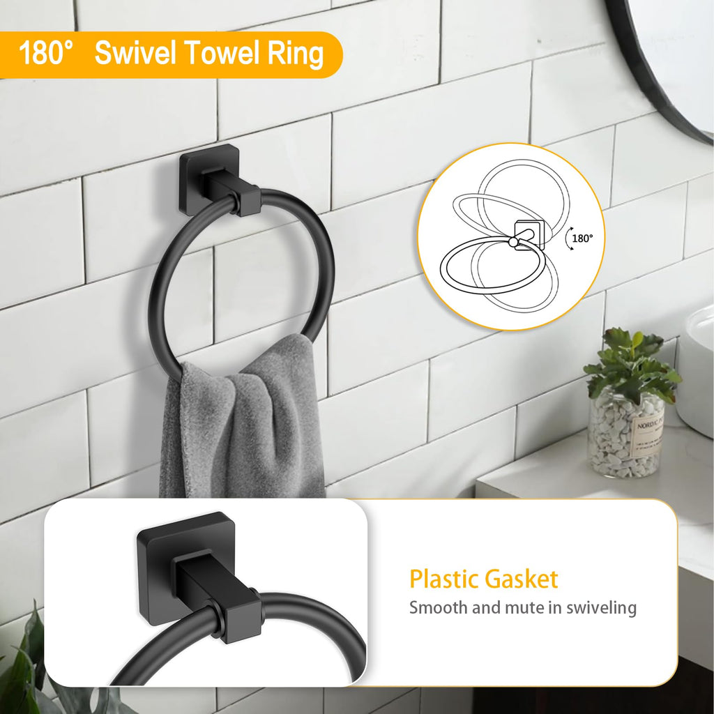4Pcs Bathroom Hardware Set SUS304 Stainless Steel Wall Mount, Include 24" Bath Towel Bar, Hand Towel Ring, Robe Towel Hook, Toilet Paper Holder, Square Bathroom Accessories Rack Set, Matte Black